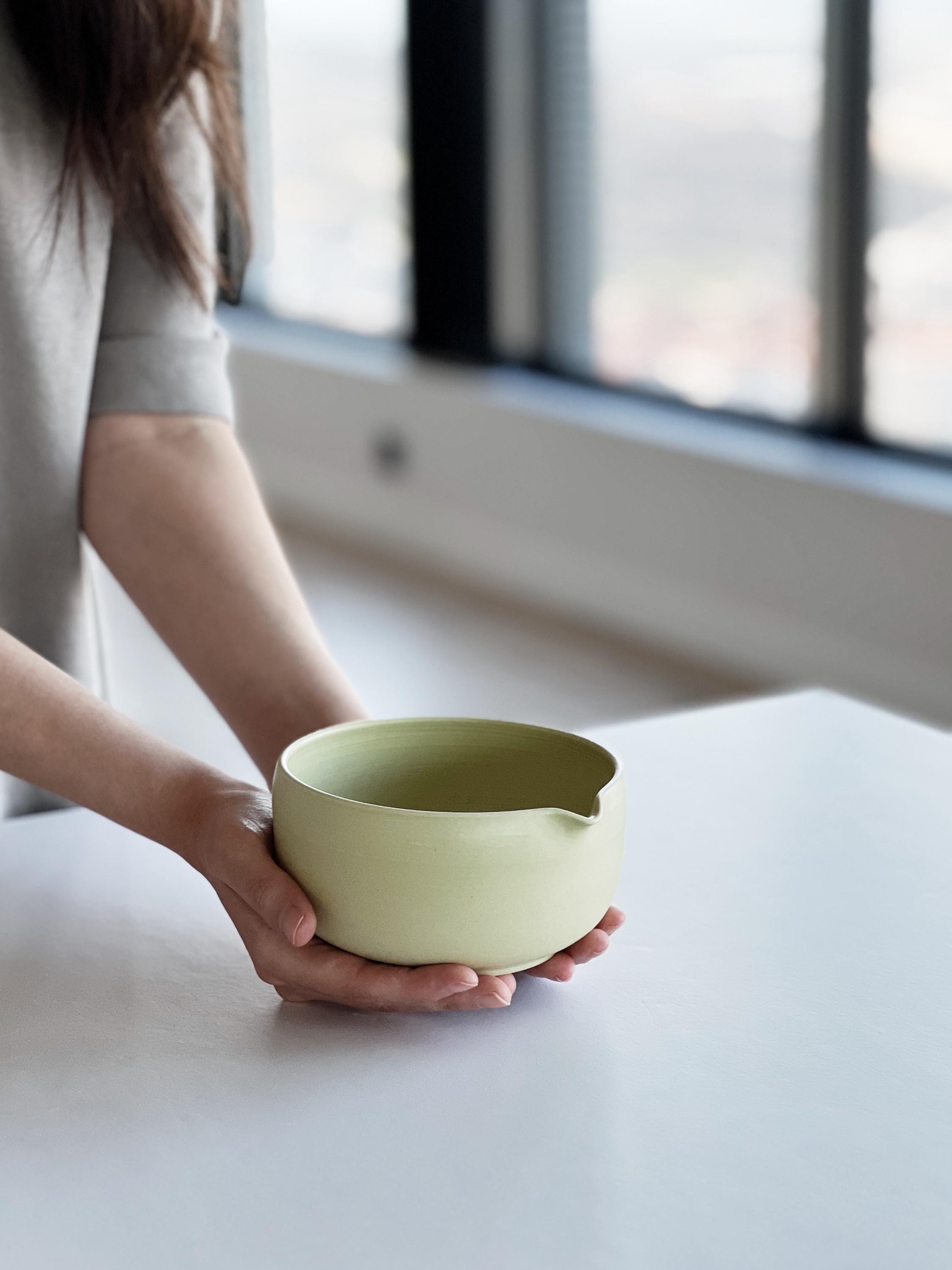 Handmade Lime Green Ceramic Matcha Bowl Set: Bowl with Pouring Spout and Whisk Holder