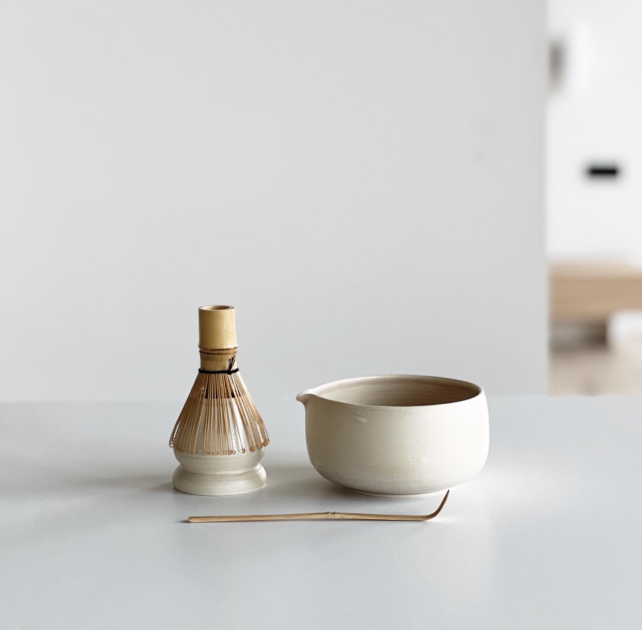Handmade Ivory Ceramic Matcha Bowl Set: Bowl with Pouring Spout and Whisk Holder
