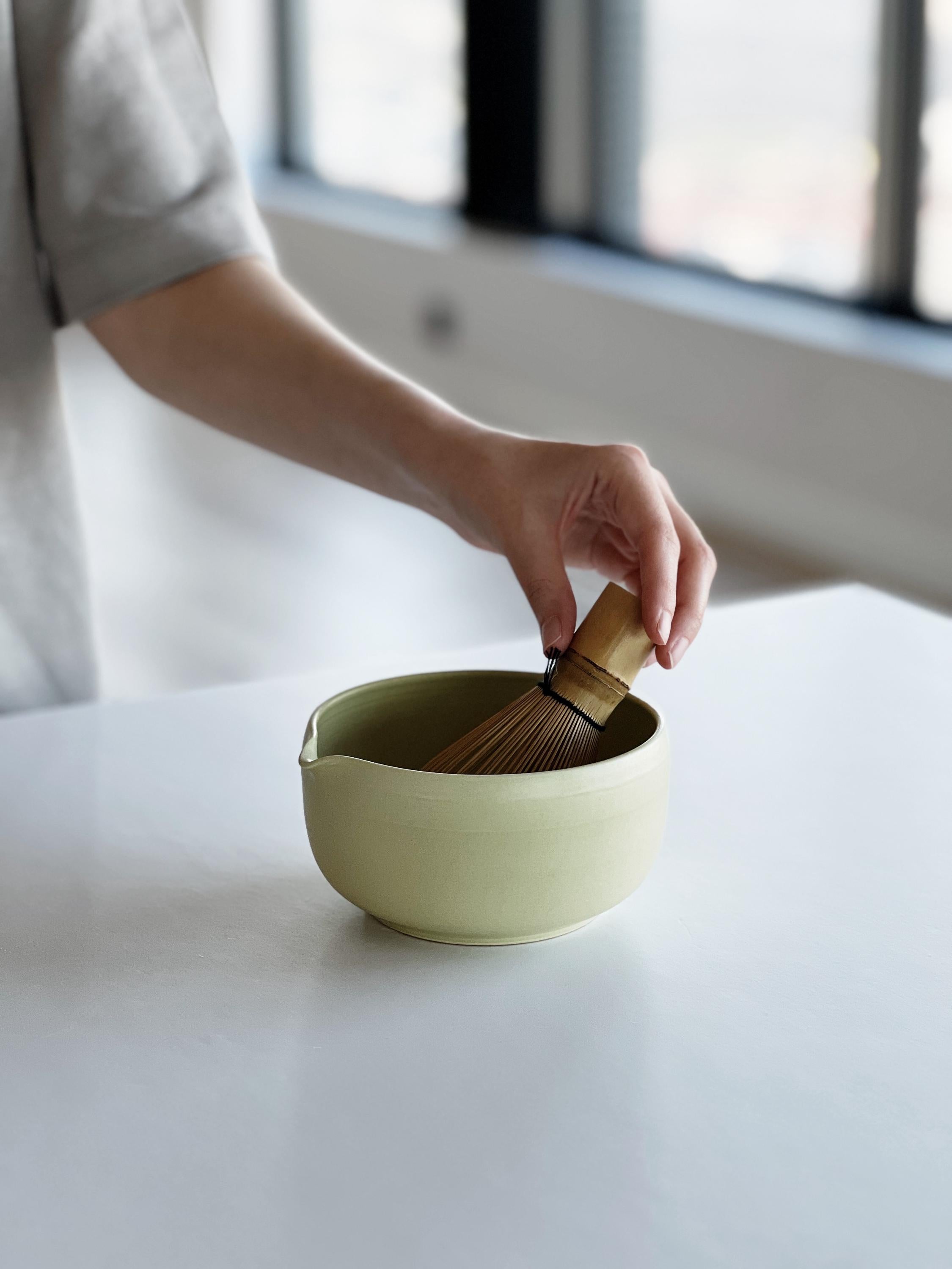 Handmade Lime Green Ceramic Matcha Bowl Set: Bowl with Pouring Spout and Whisk Holder