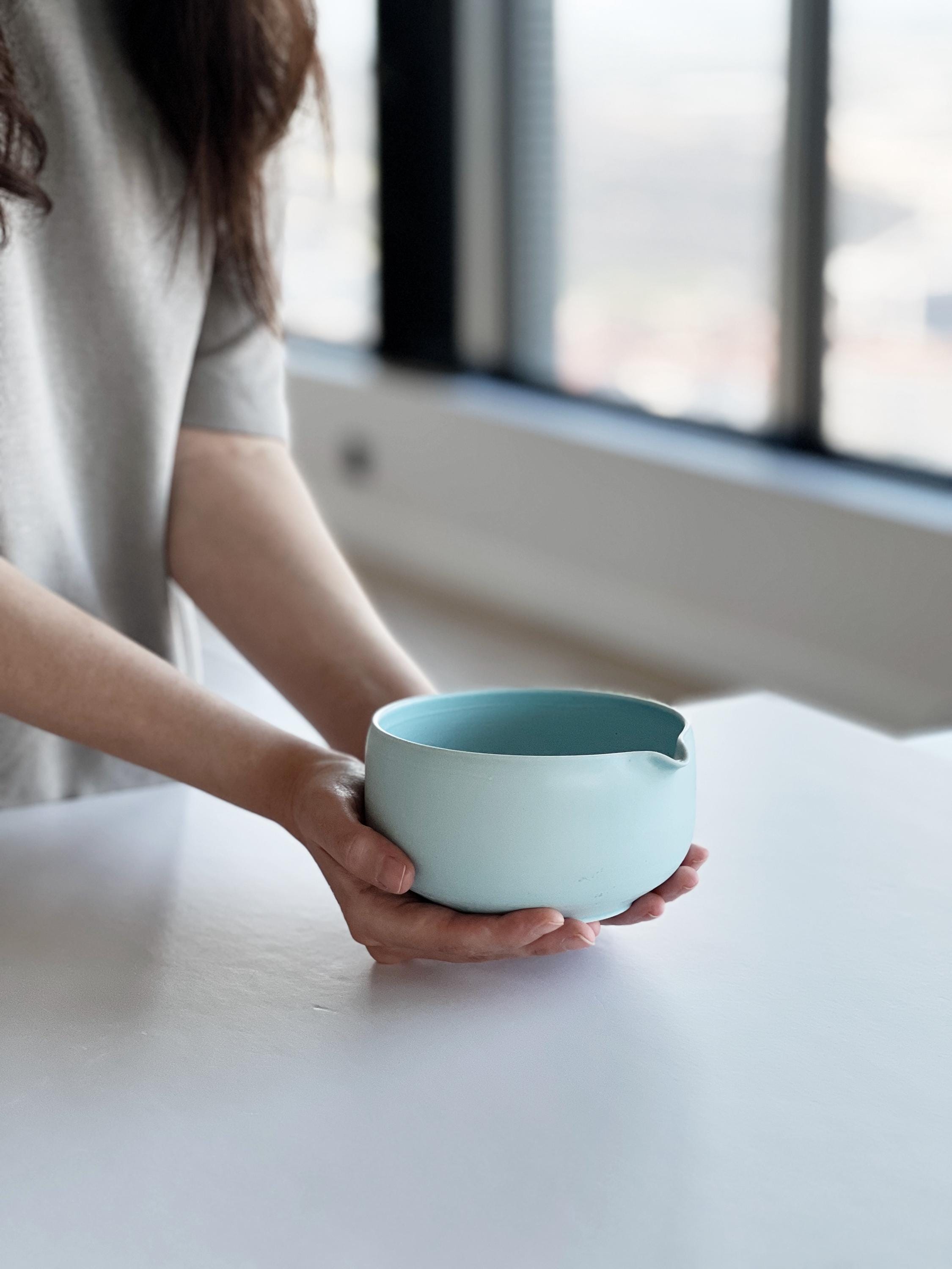 Handmade Baby Blue Ceramic Matcha Bowl Set: Bowl with Pouring Spout and Whisk Holder