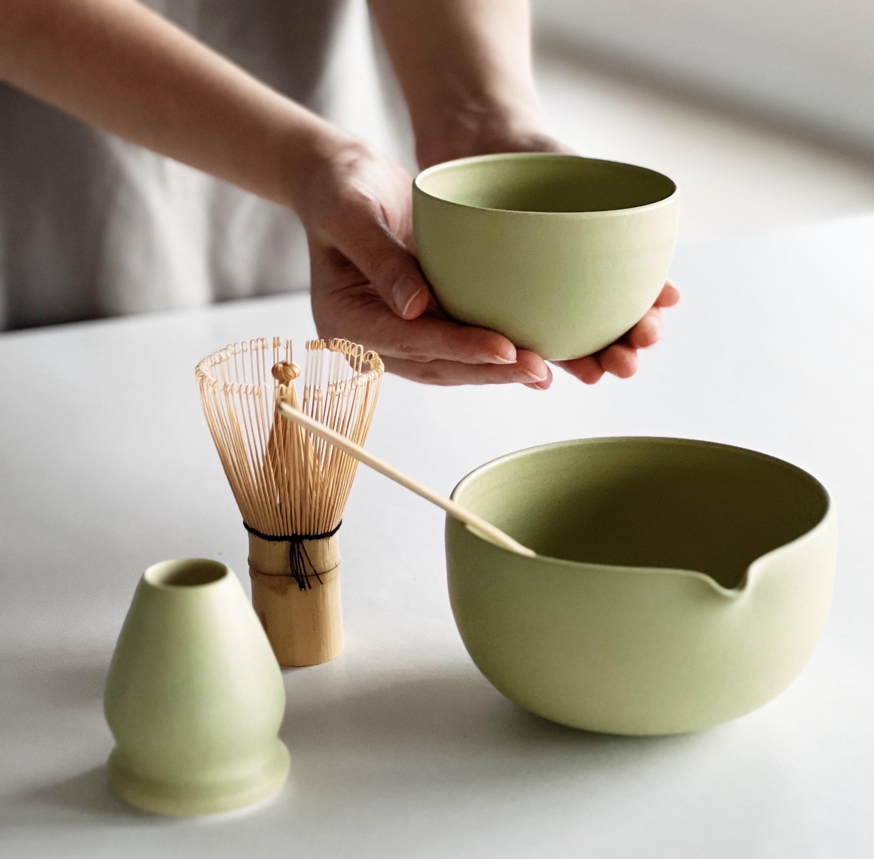 Handmade Lime Green Porcelain Matcha Bowl Set with Pouring Spout, Whisk Holder, Tea Cup