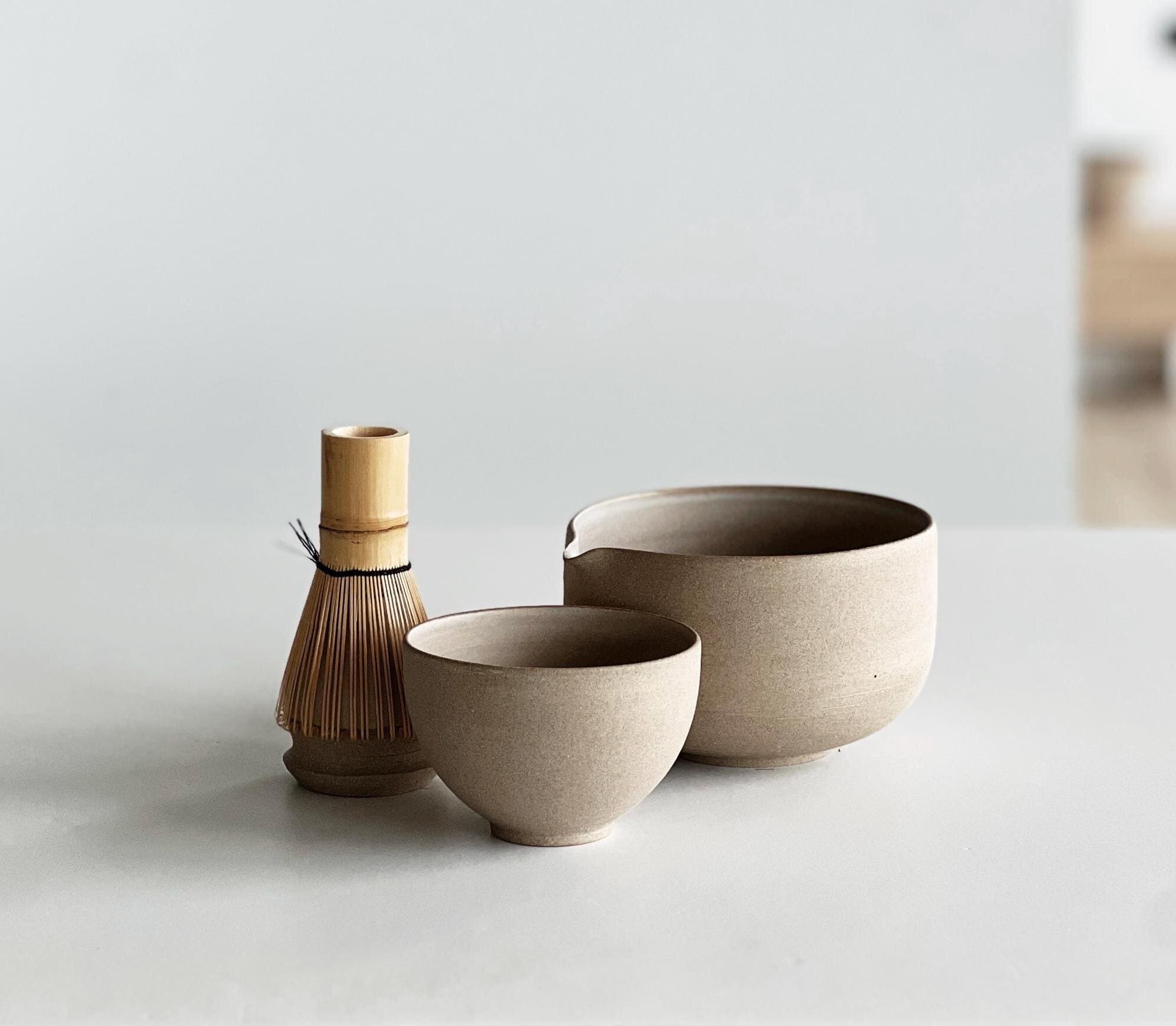 Handmade Toffee Ceramic Matcha Bowl Set: Bowl with Pouring Spout, Whisk Holder and Cup