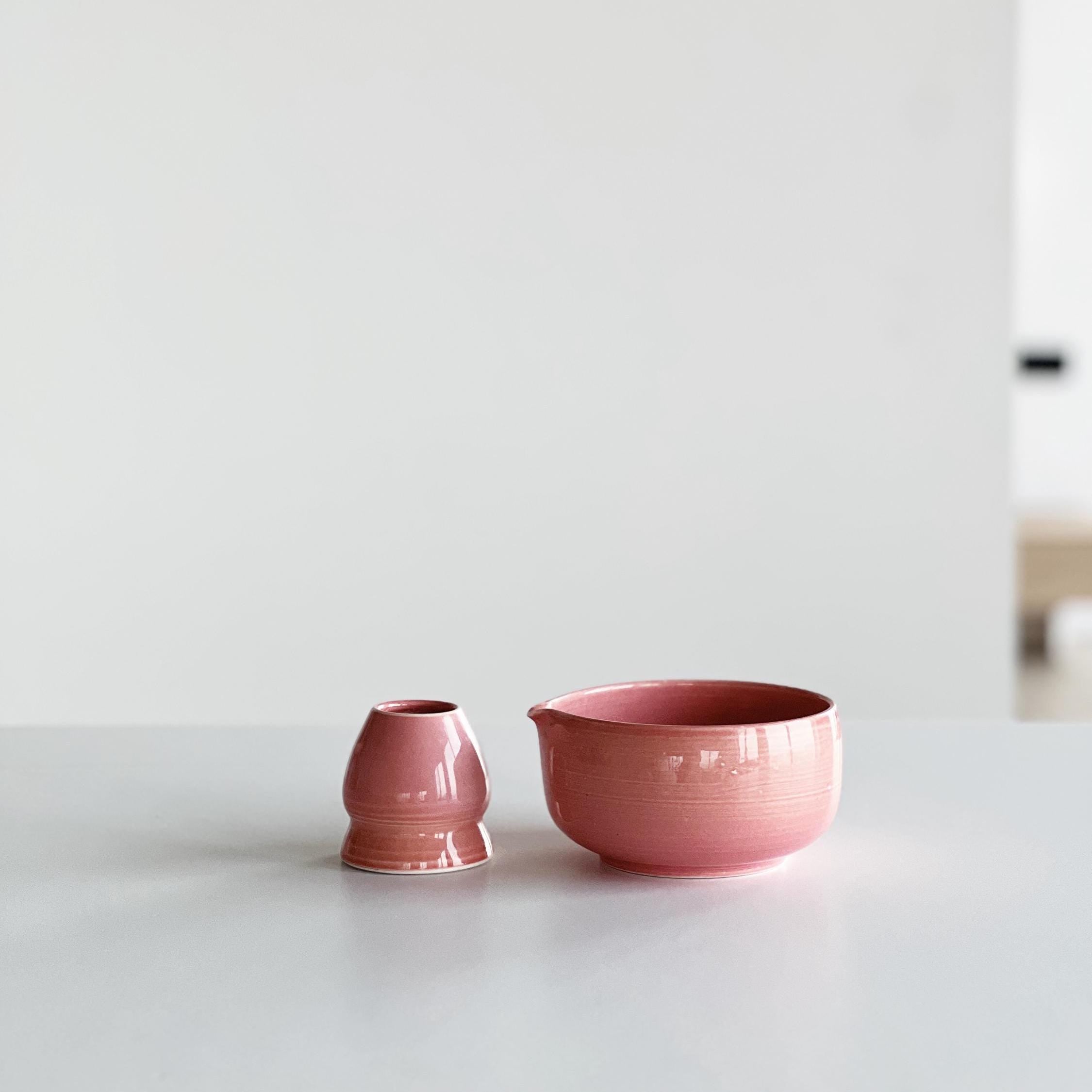 Handmade Glossy Pink Ceramic Matcha Bowl Set: Bowl with Pouring Spout and Whisk Holder