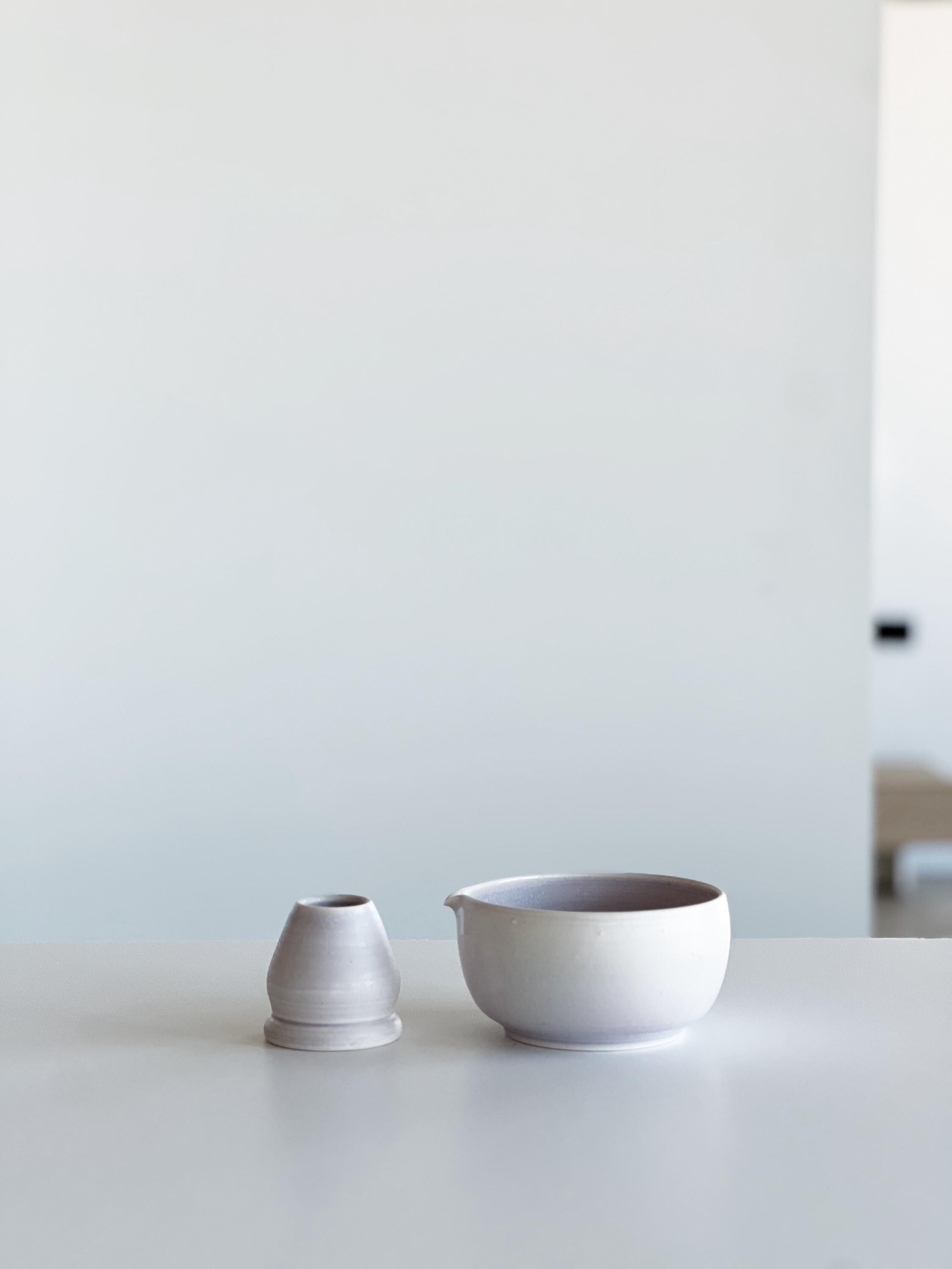 Handmade Light Lilac Ceramic Matcha Bowl Set: Bowl with Pouring Spout and Whisk Holder