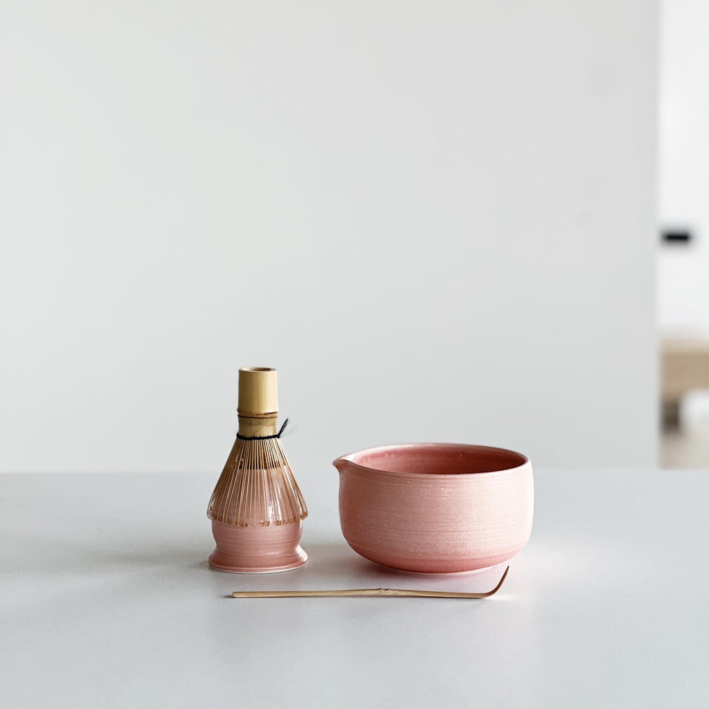 Handmade Blush Pink Ceramic Matcha Bowl Set: Bowl with Pouring Spout and Whisk Holder