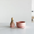 Handmade Blush Pink Ceramic Matcha Bowl Set: Bowl with Pouring Spout and Whisk Holder
