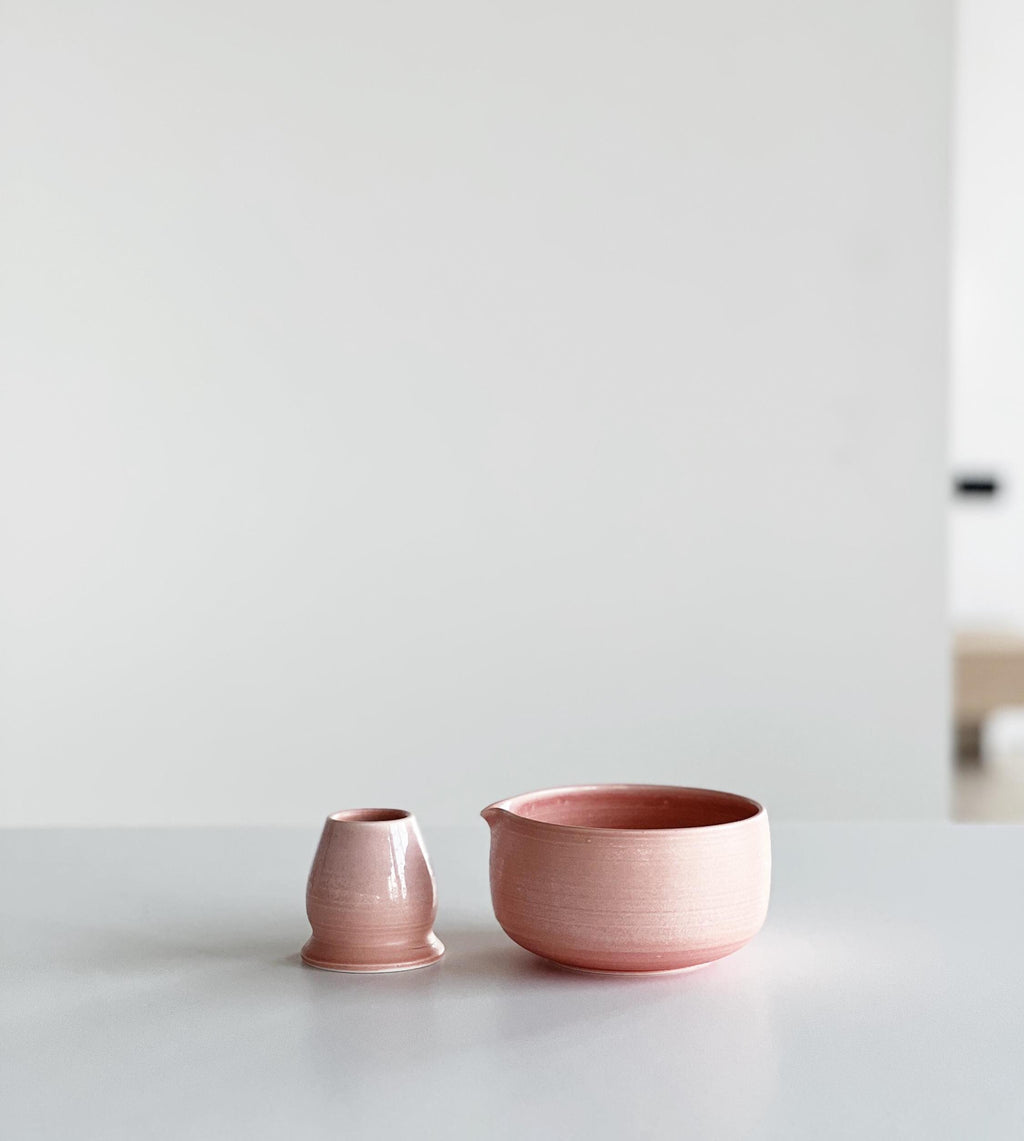 Handmade Blush Pink Ceramic Matcha Bowl Set: Bowl with Pouring Spout and Whisk Holder