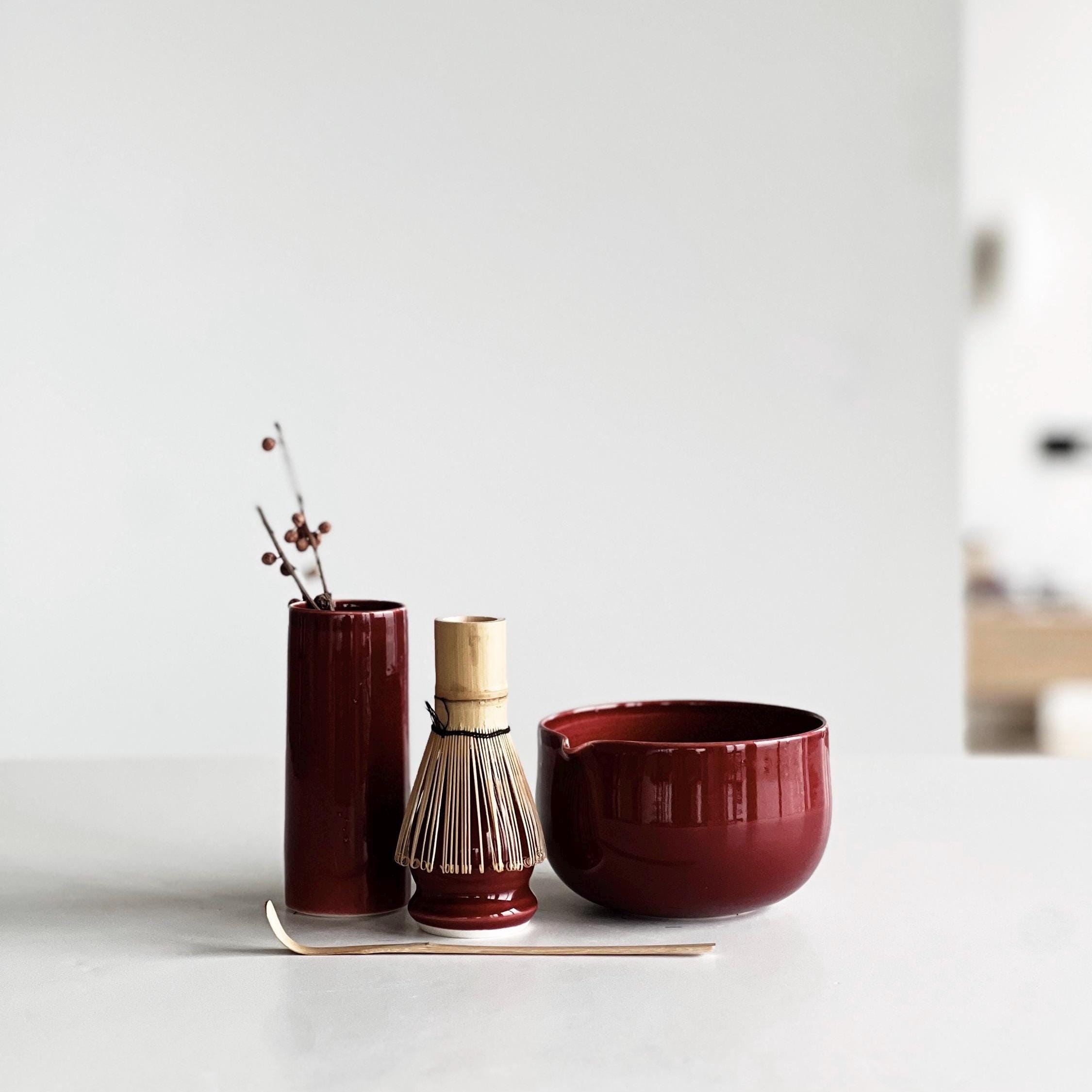 Handmade Cherry Ceramic Matcha Set: Bowl, Vase, Whisk Holder