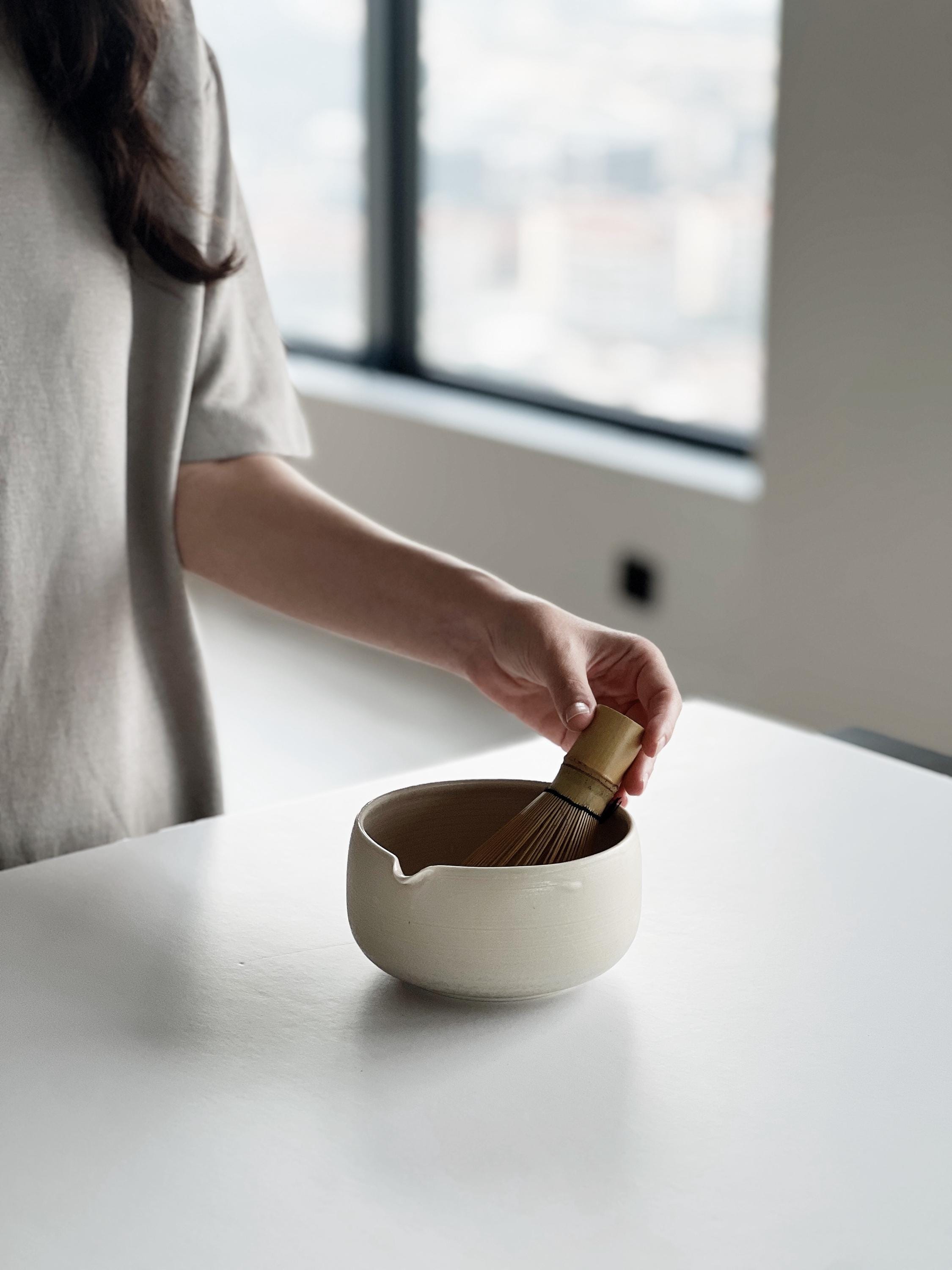 Handmade Ivory Ceramic Matcha Bowl Set: Bowl with Pouring Spout and Whisk Holder