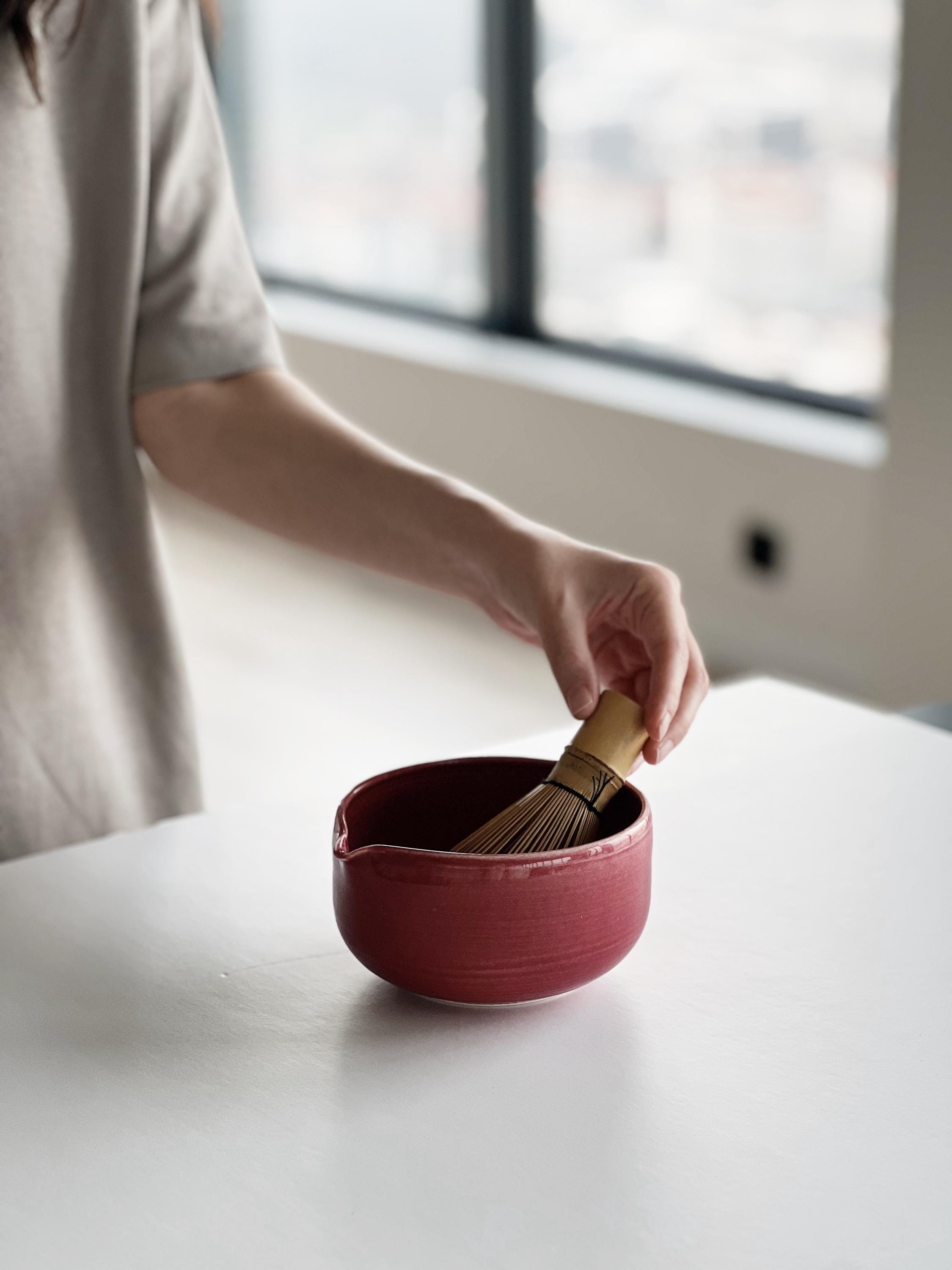 Handmade Cherry Ceramic Matcha Bowl Set: Bowl with Pouring Spout and Whisk Holder
