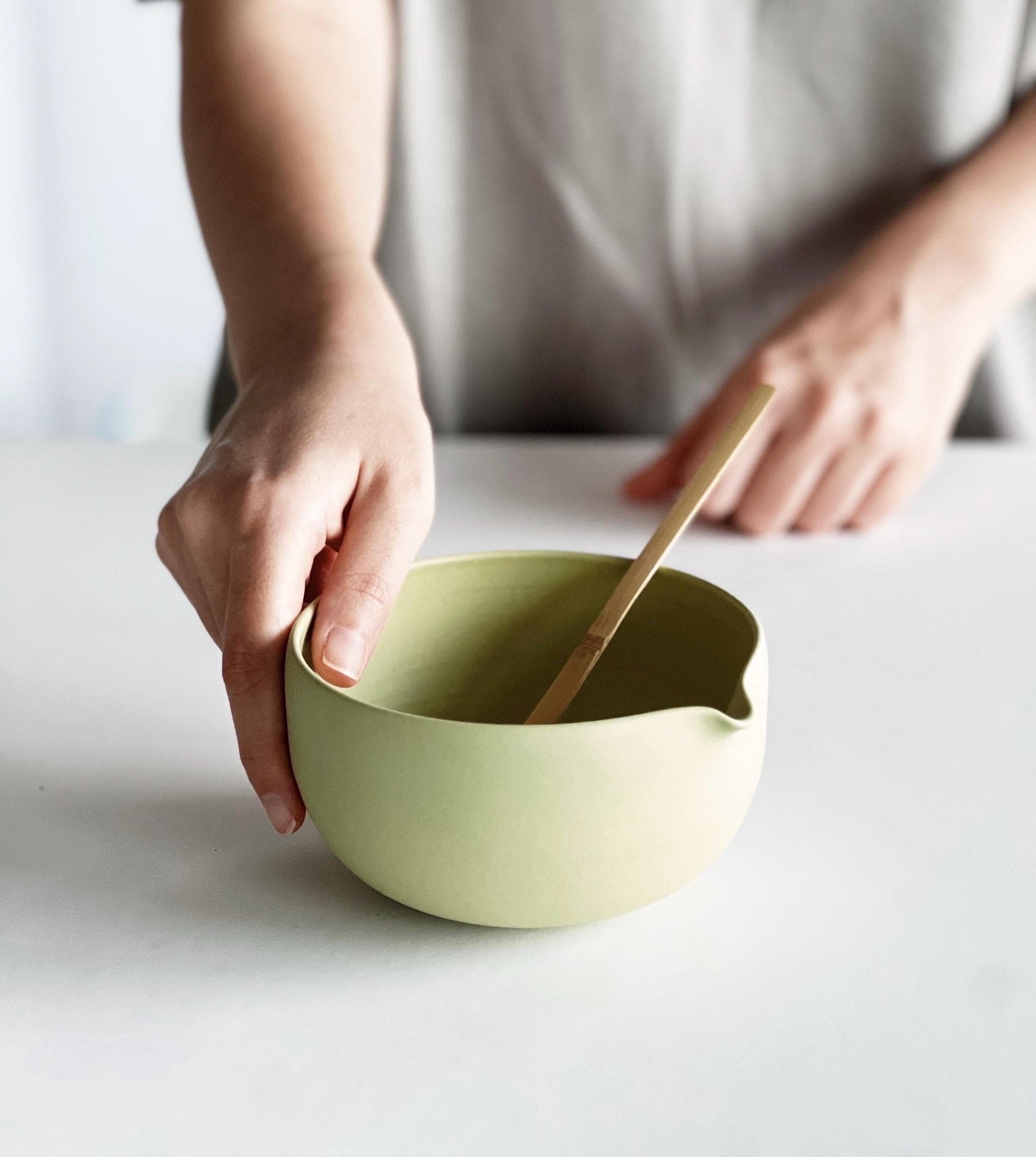 Handmade Lime Green Porcelain Matcha Bowl Set with Pouring Spout, Whisk Holder, Tea Cup