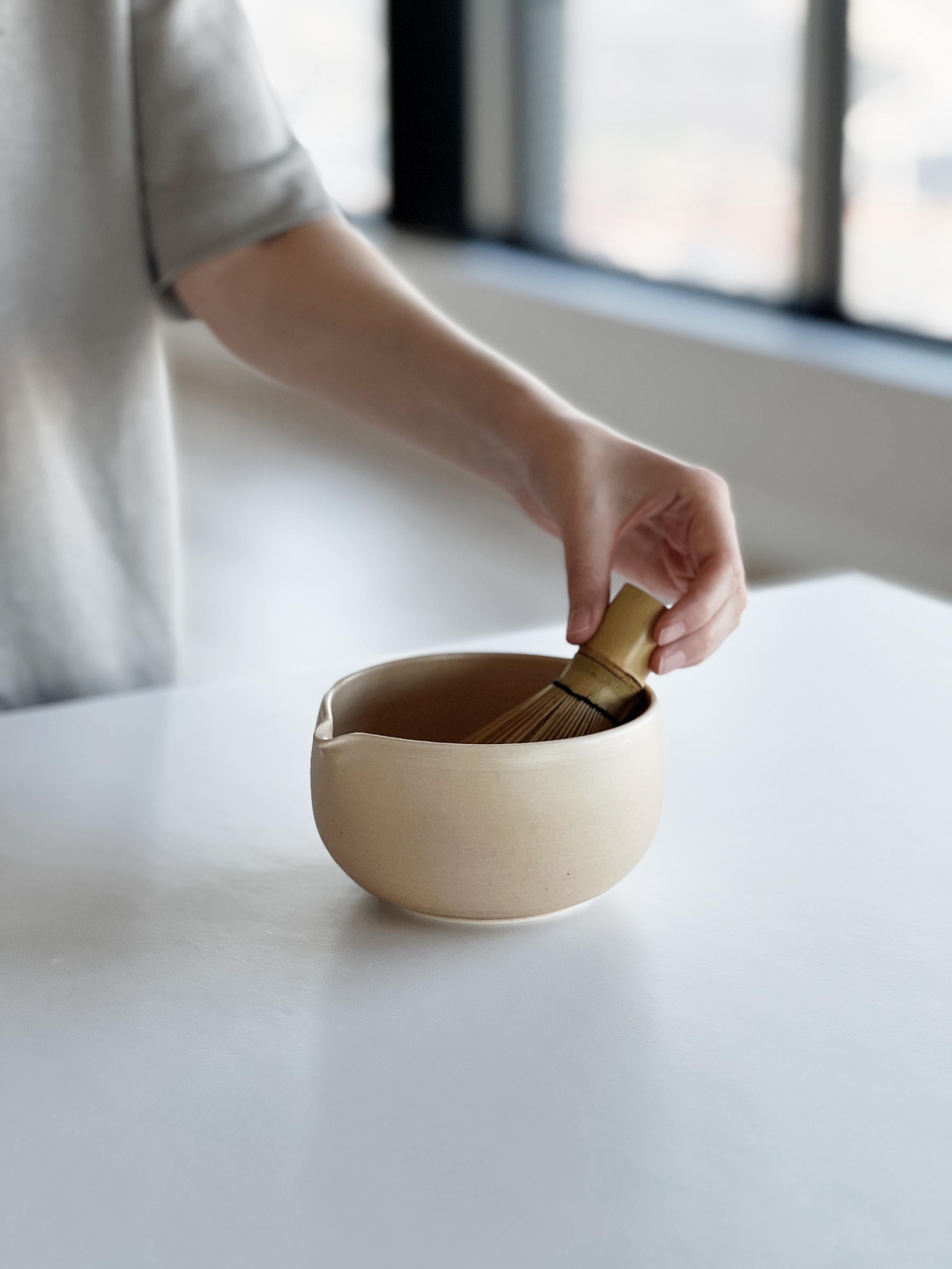 Handmade Beige Ceramic Matcha Bowl Set: Bowl with Pouring Spout and Whisk Holder