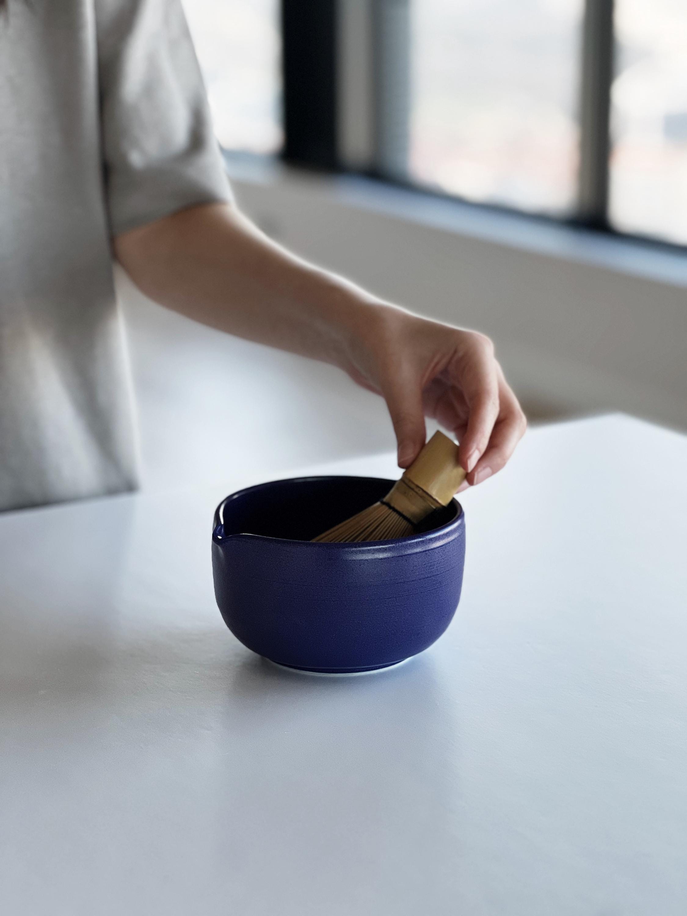 Handmade Purple Ceramic Matcha Bowl Set: Bowl with Pouring Spout and Whisk Holder