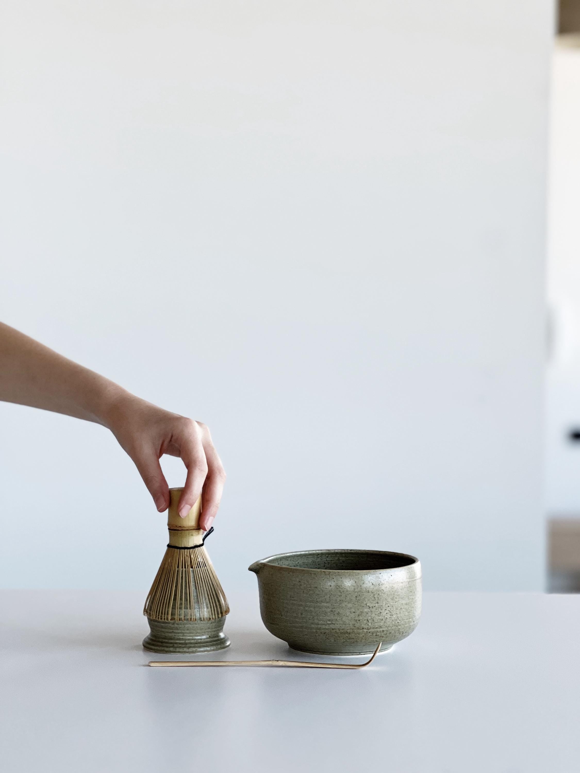 Handmade Textured Green Ceramic Matcha Bowl Set: Bowl with Pouring Spout and Whisk Holder
