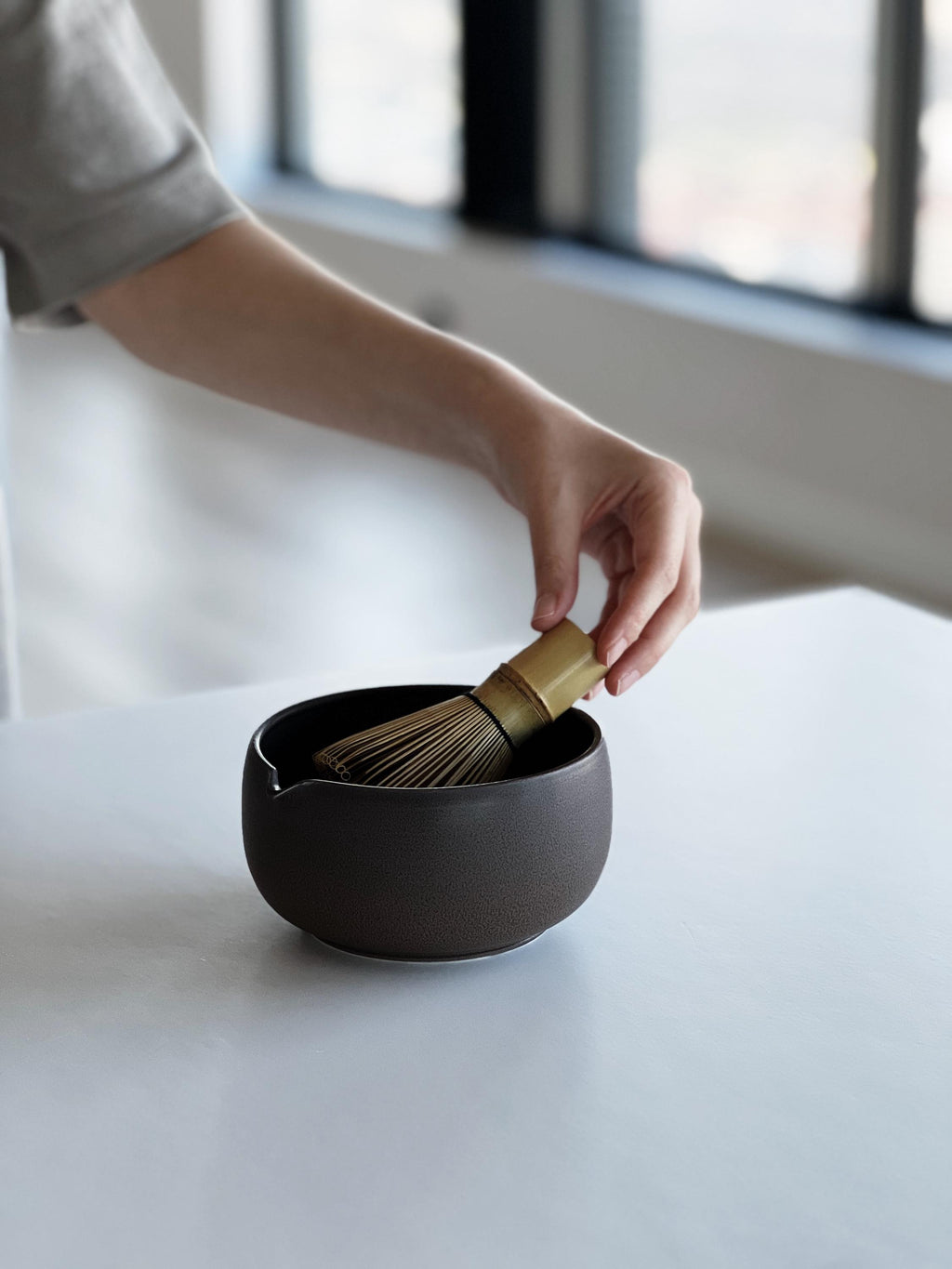Handmade Deep Brown Ceramic Matcha Bowl Set: Bowl with Pouring Spout and Whisk Holder