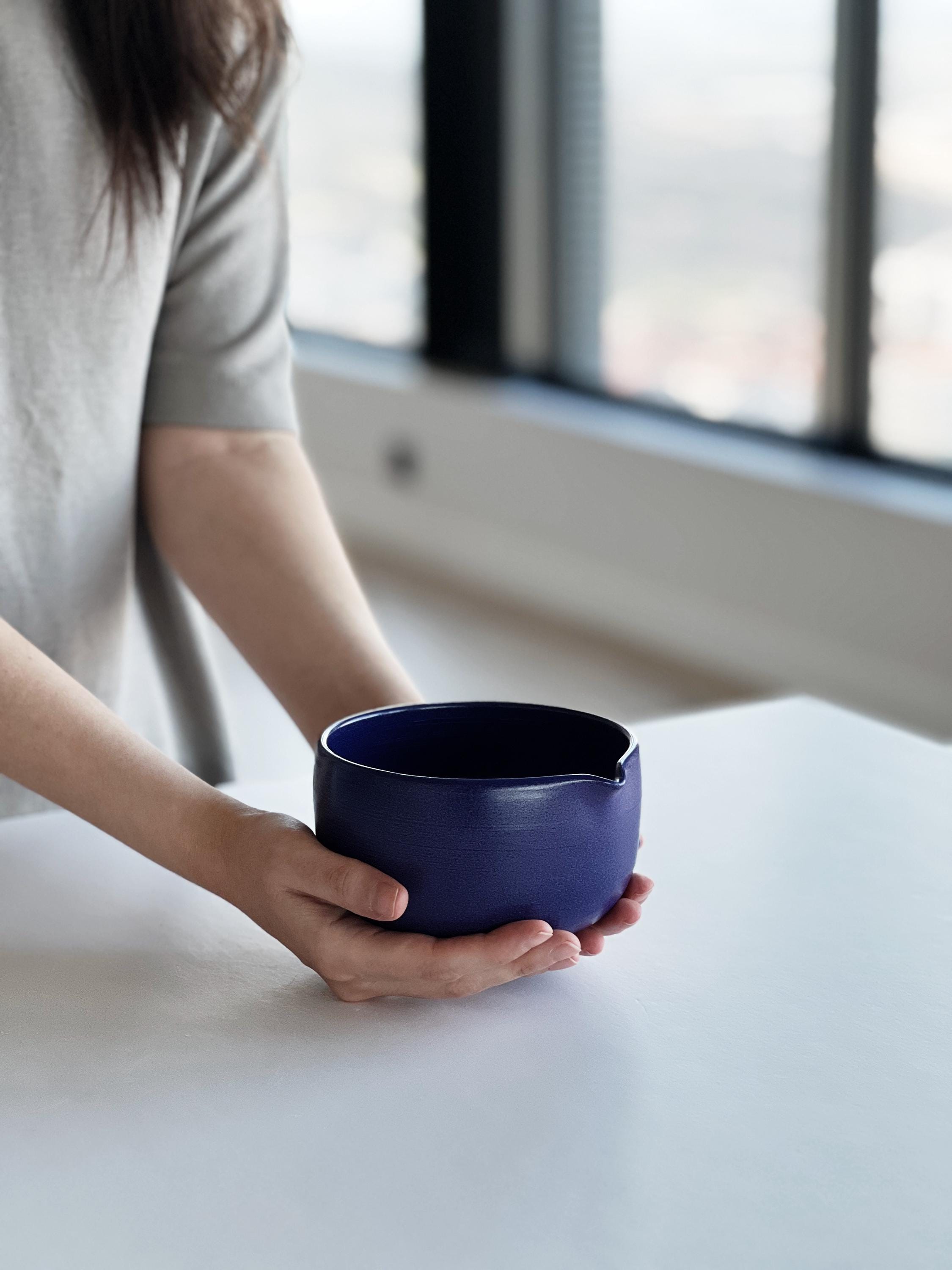 Handmade Purple Ceramic Matcha Bowl Set: Bowl with Pouring Spout and Whisk Holder