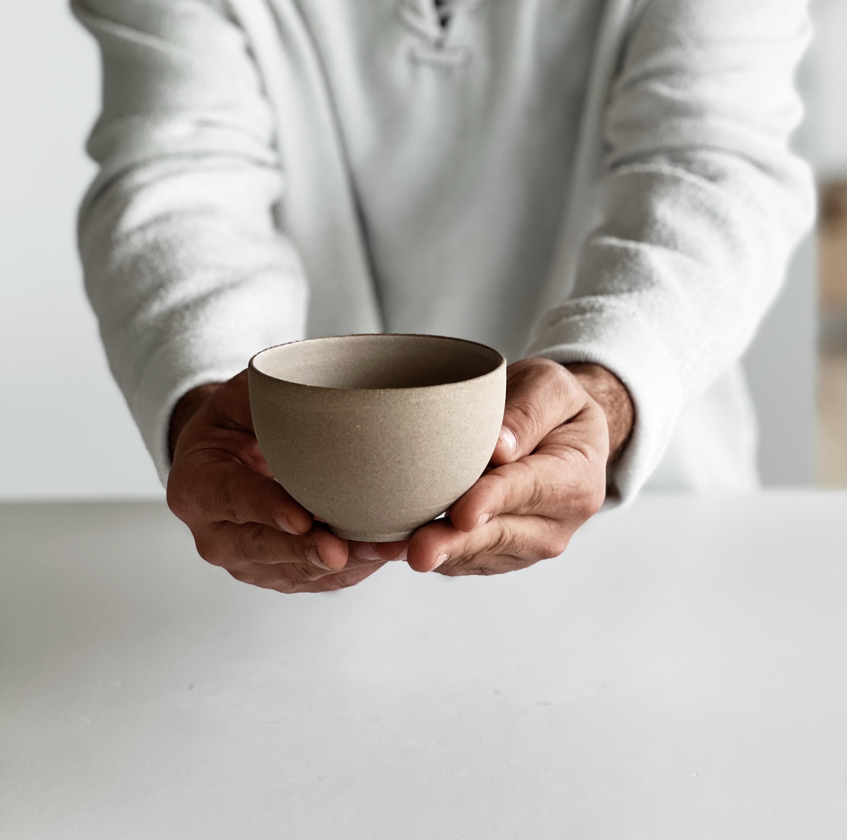 Handmade Toffee Ceramic Matcha Bowl Set: Bowl with Pouring Spout, Whisk Holder and Cup