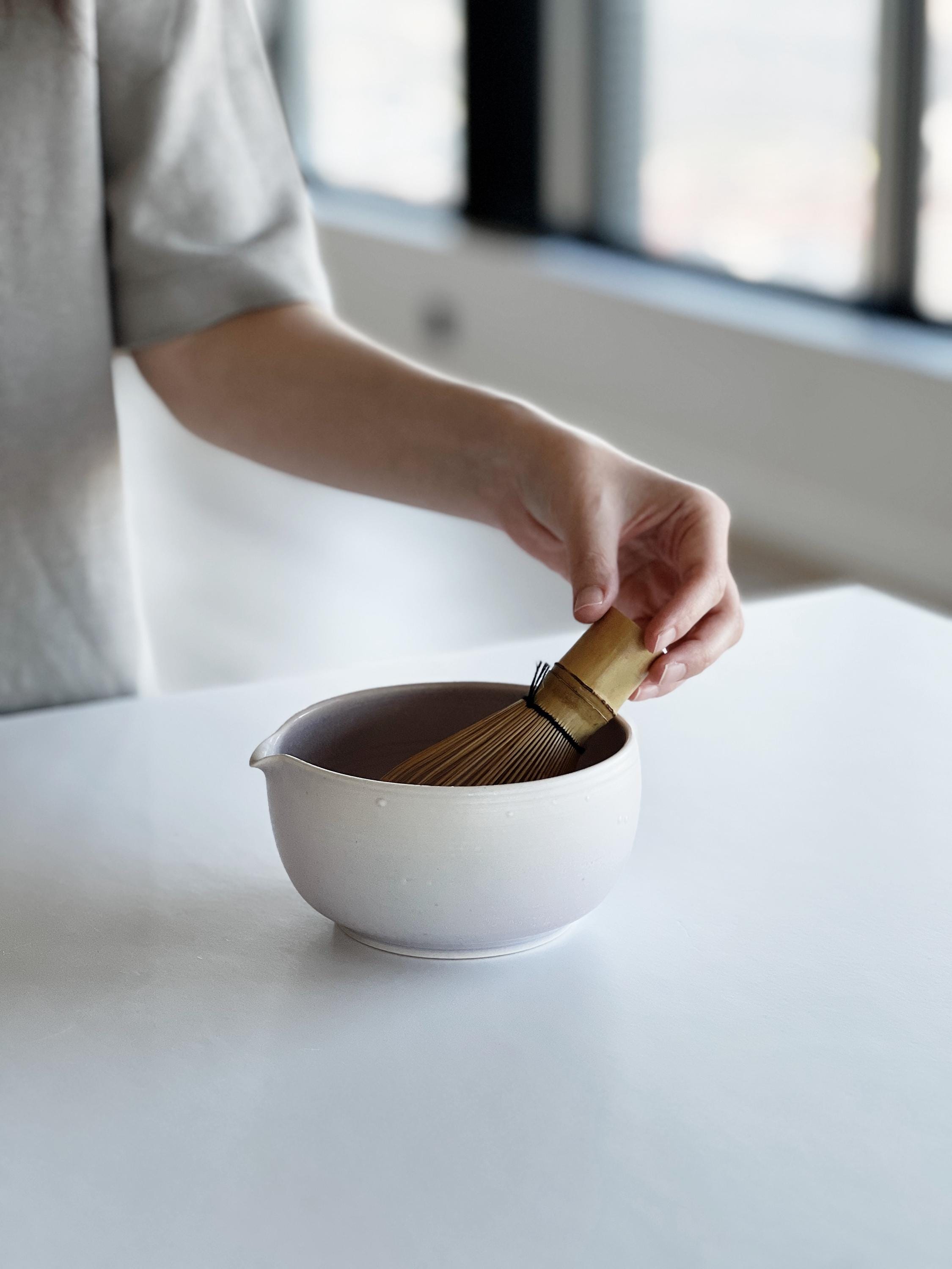 Handmade Light Lilac Ceramic Matcha Bowl Set: Bowl with Pouring Spout and Whisk Holder