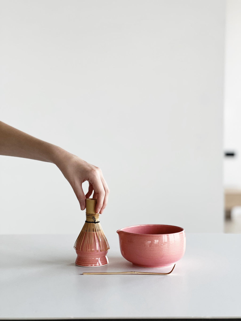 Handmade Glossy Pink Ceramic Matcha Bowl Set: Bowl with Pouring Spout and Whisk Holder