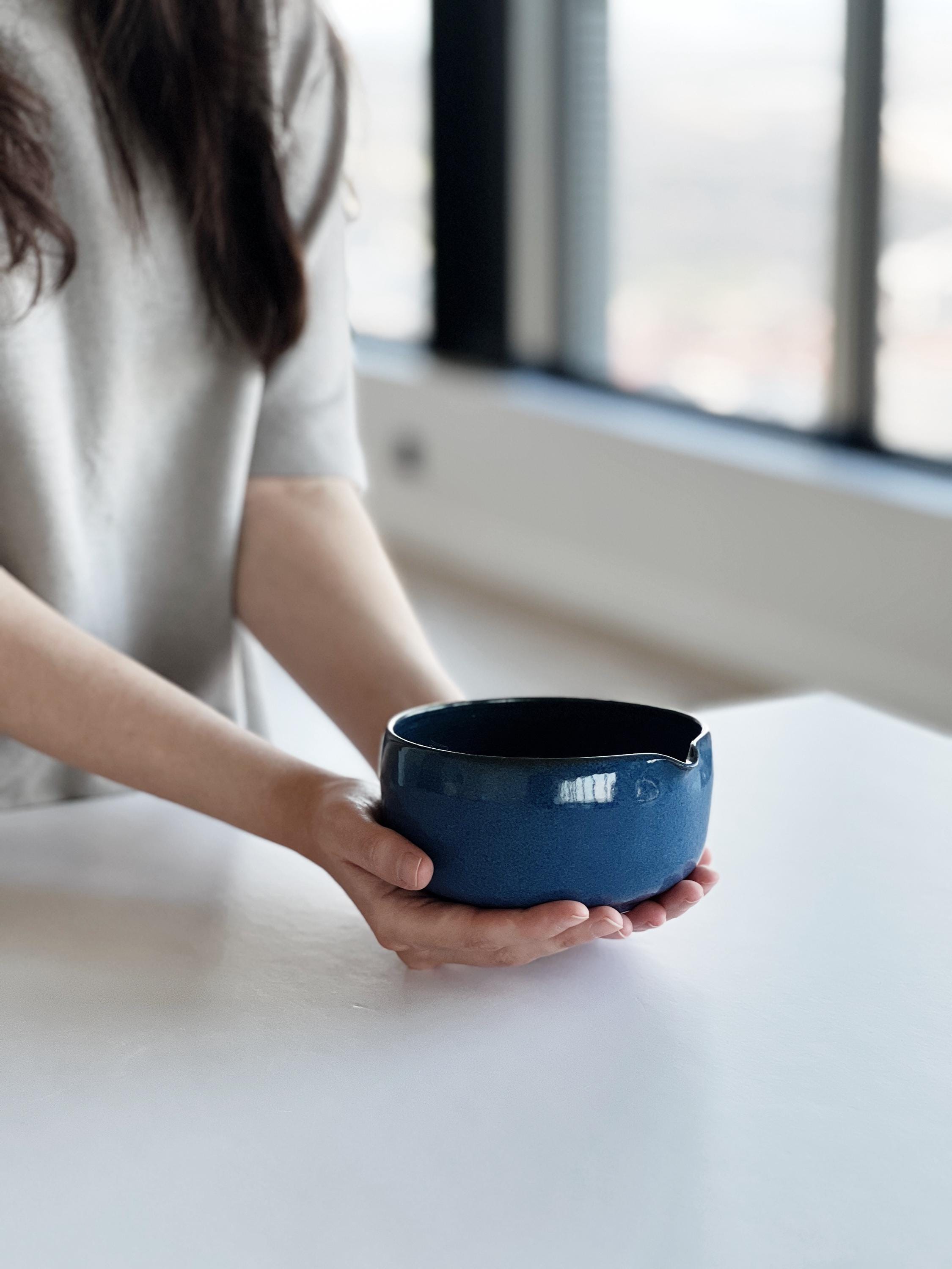 Handmade Navy Blue Ceramic Matcha Bowl Set: Bowl with Pouring Spout and Whisk Holder