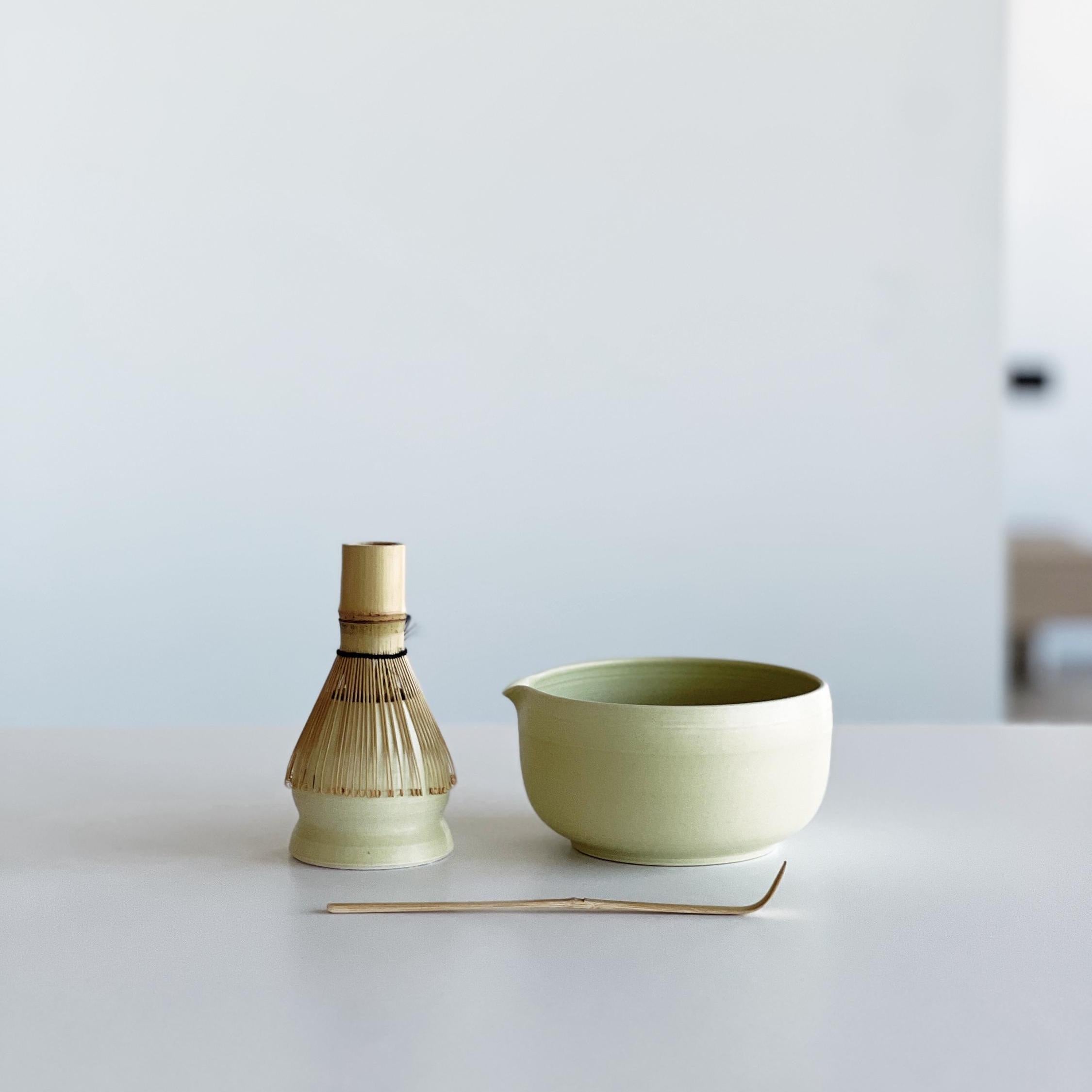 Handmade Lime Green Ceramic Matcha Bowl Set: Bowl with Pouring Spout and Whisk Holder