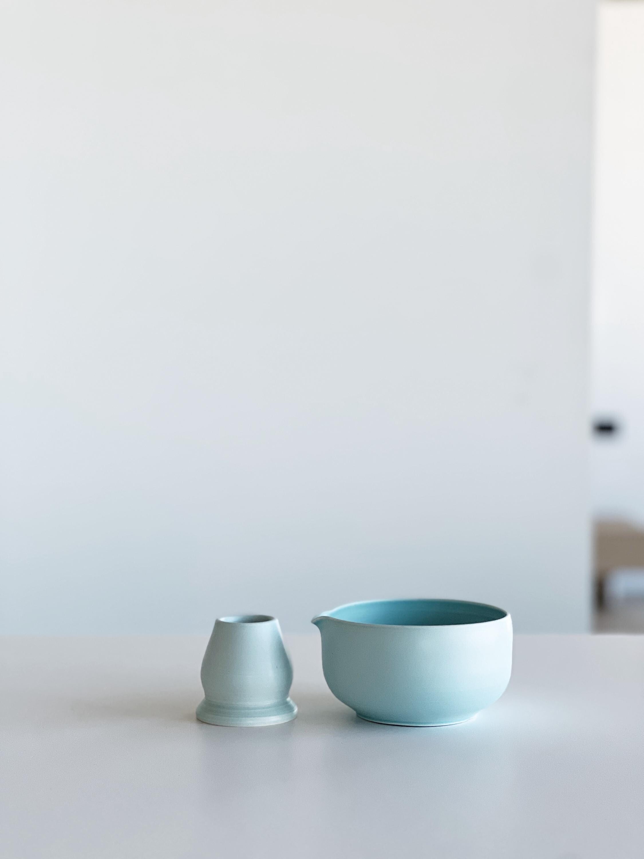Handmade Baby Blue Ceramic Matcha Bowl Set: Bowl with Pouring Spout and Whisk Holder