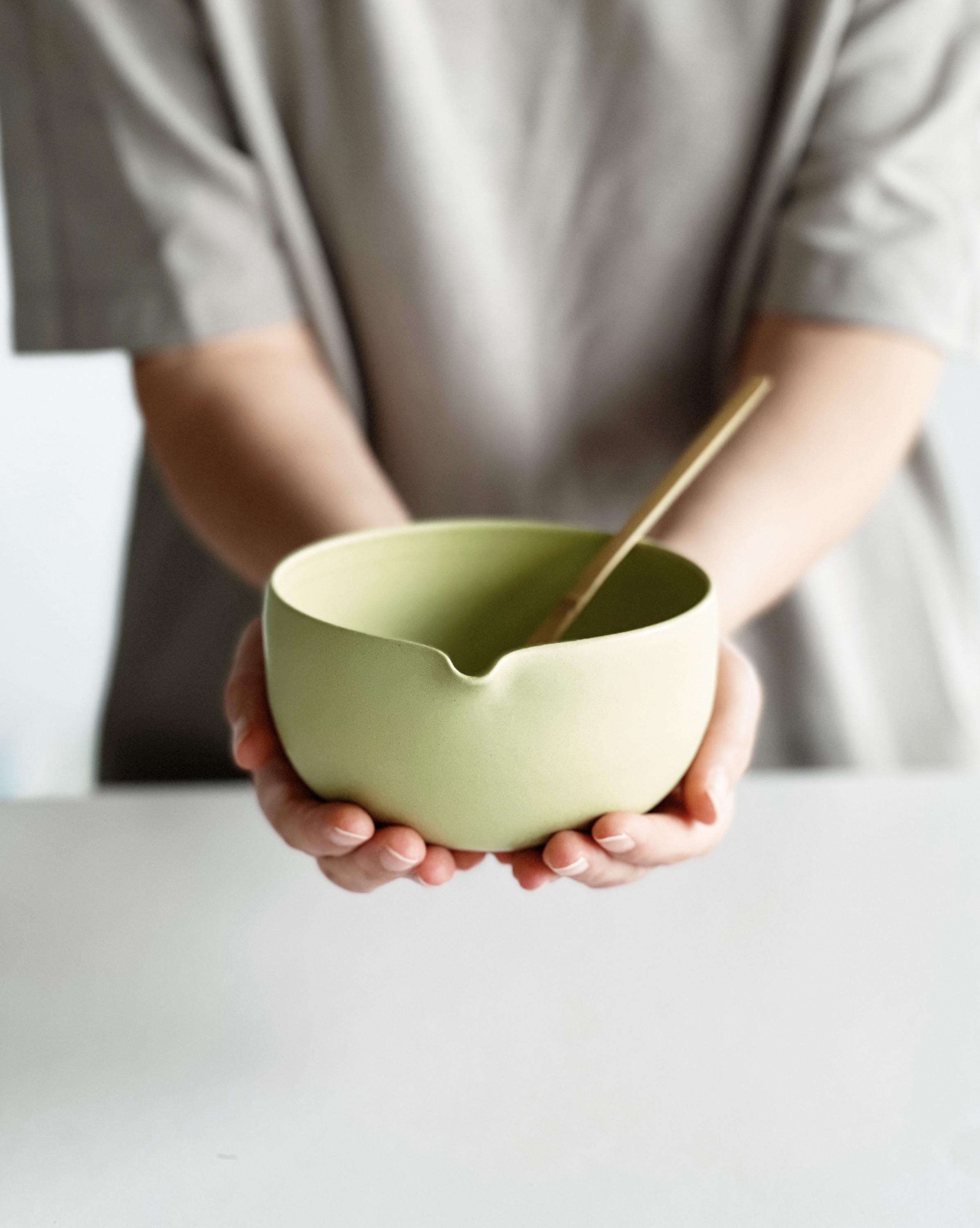 Handmade Lime Green Porcelain Matcha Bowl Set with Pouring Spout, Whisk Holder, Tea Cup