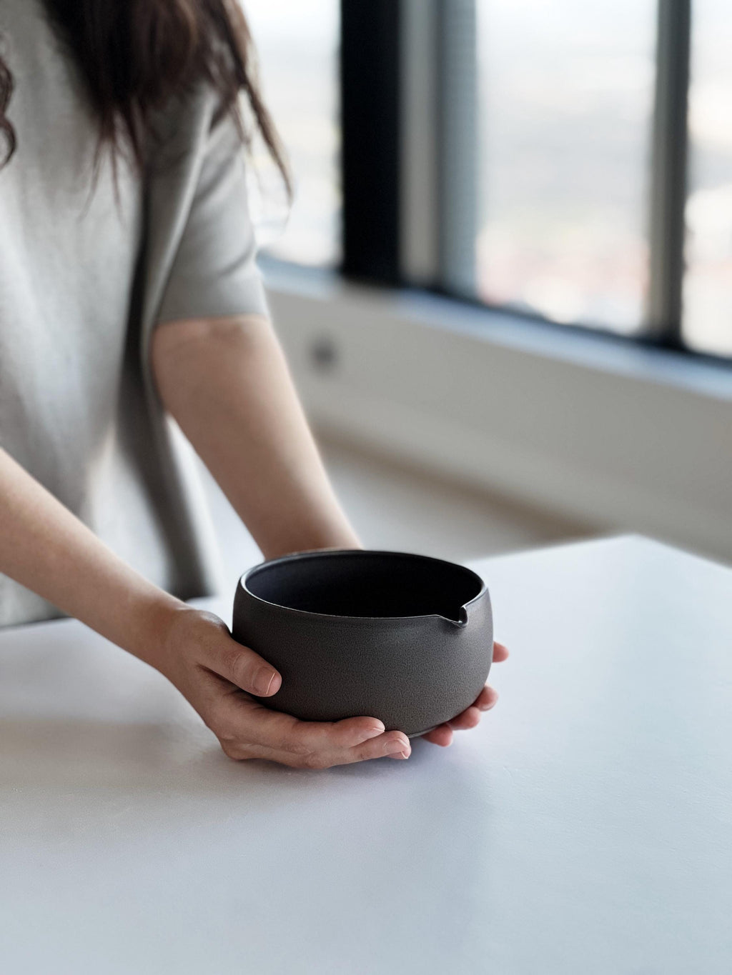 Handmade Deep Brown Ceramic Matcha Bowl Set: Bowl with Pouring Spout and Whisk Holder