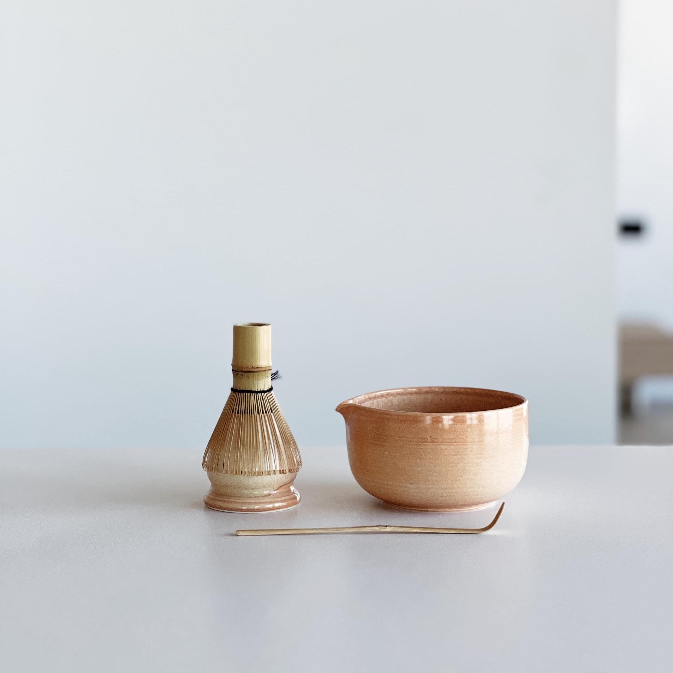 Handmade Salmon Ceramic Matcha Bowl Set: Bowl with Pouring Spout and Whisk Holder
