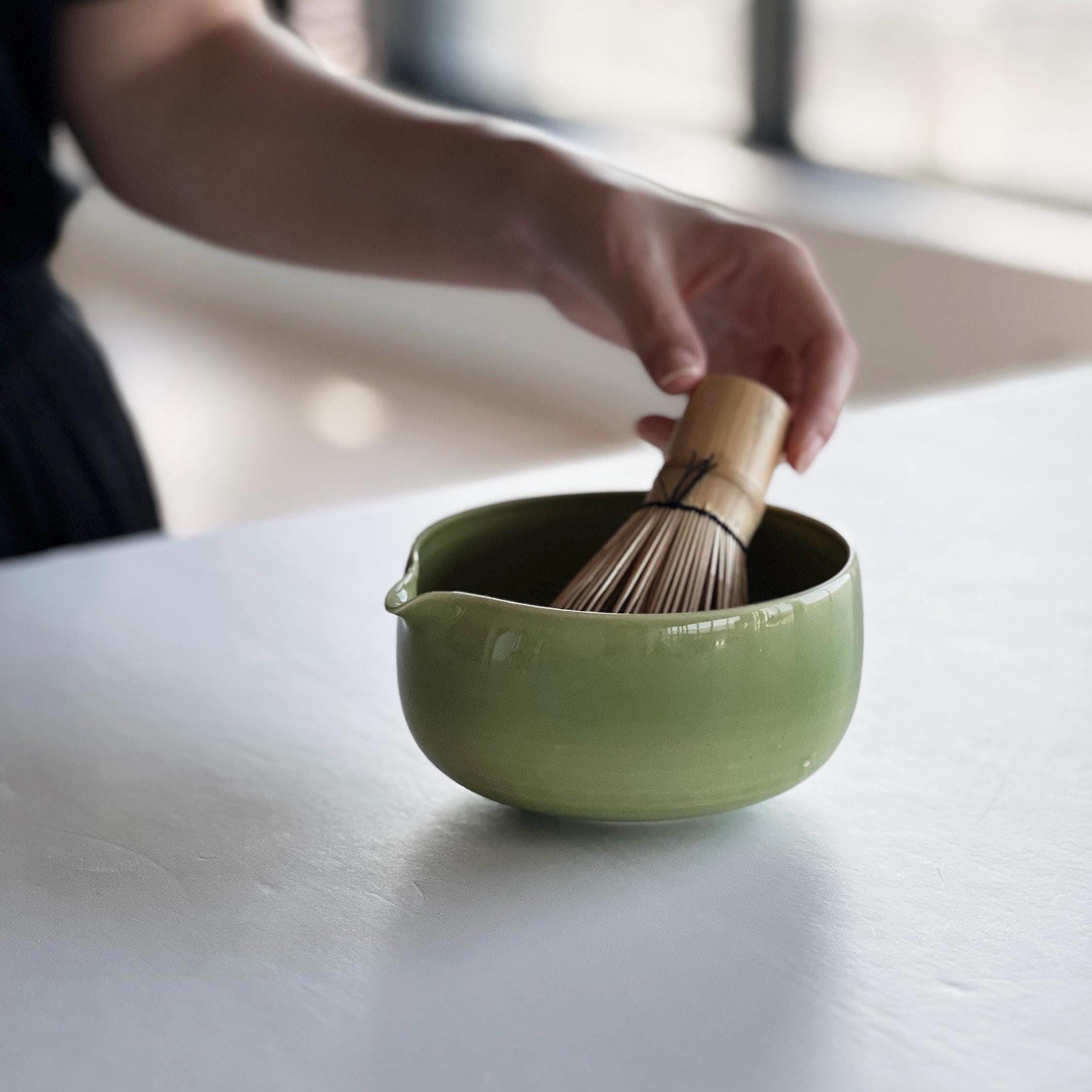 Handmade Green Celadon Ceramic Matcha Bowl Set: Bowl with Pouring Spout and Whisk Holder