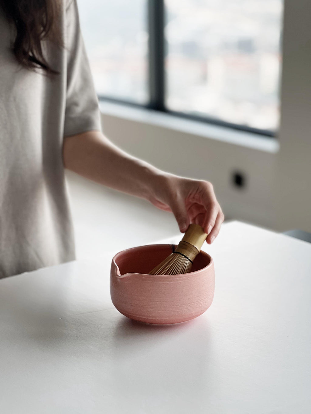 Handmade Blush Pink Ceramic Matcha Bowl Set: Bowl with Pouring Spout and Whisk Holder