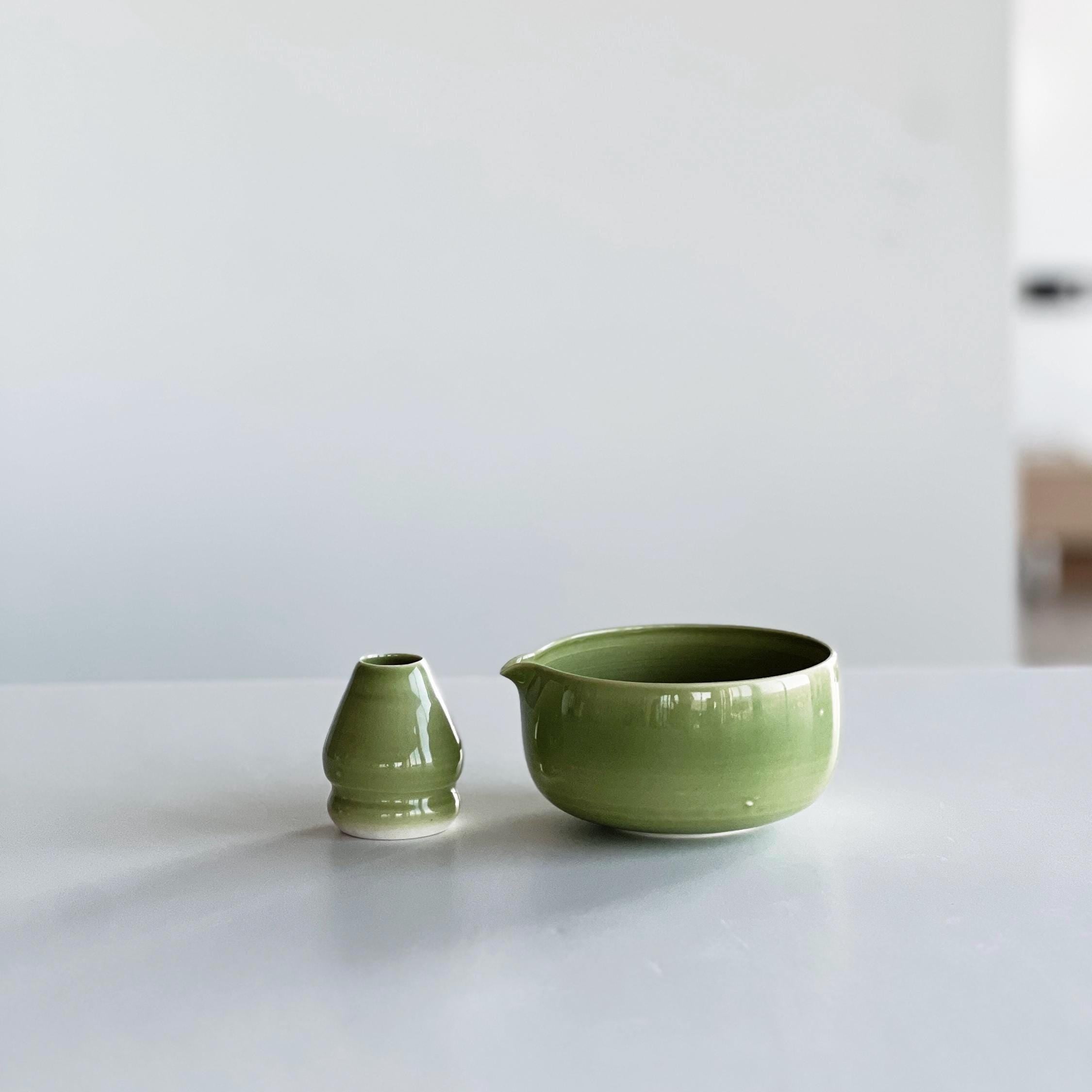 Handmade Green Celadon Ceramic Matcha Bowl Set: Bowl with Pouring Spout and Whisk Holder