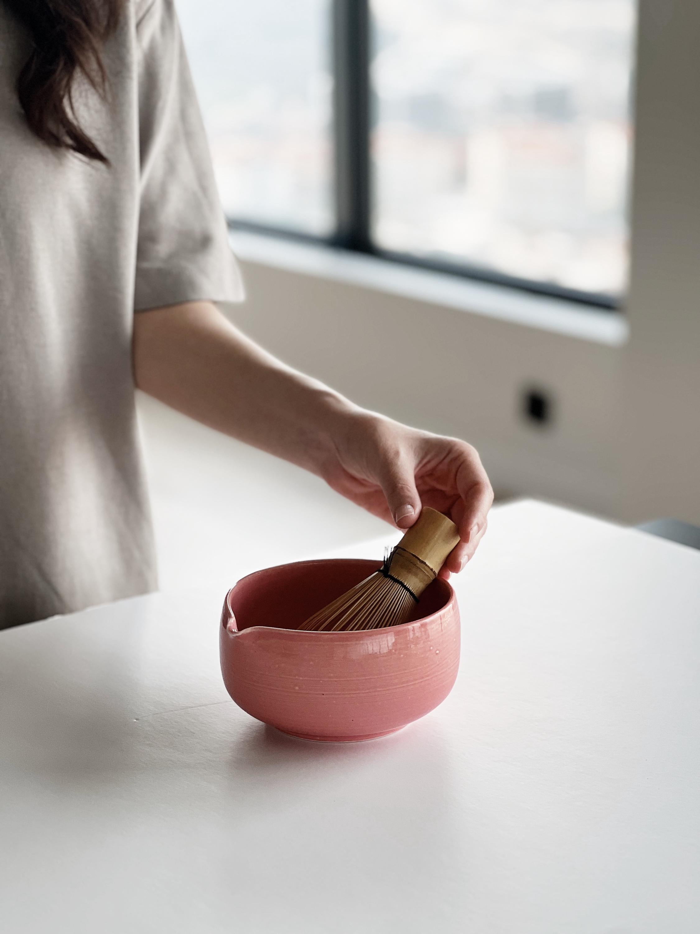 Handmade Glossy Pink Ceramic Matcha Bowl Set: Bowl with Pouring Spout and Whisk Holder