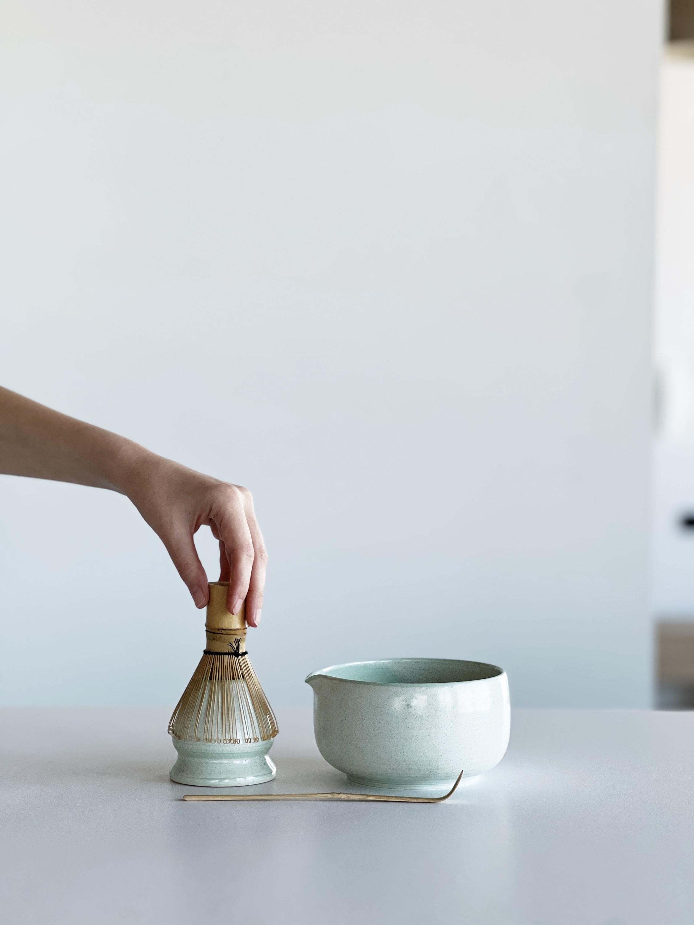 Handmade Mint Green Ceramic Matcha Bowl Set: Bowl with Pouring Spout and Whisk Holder