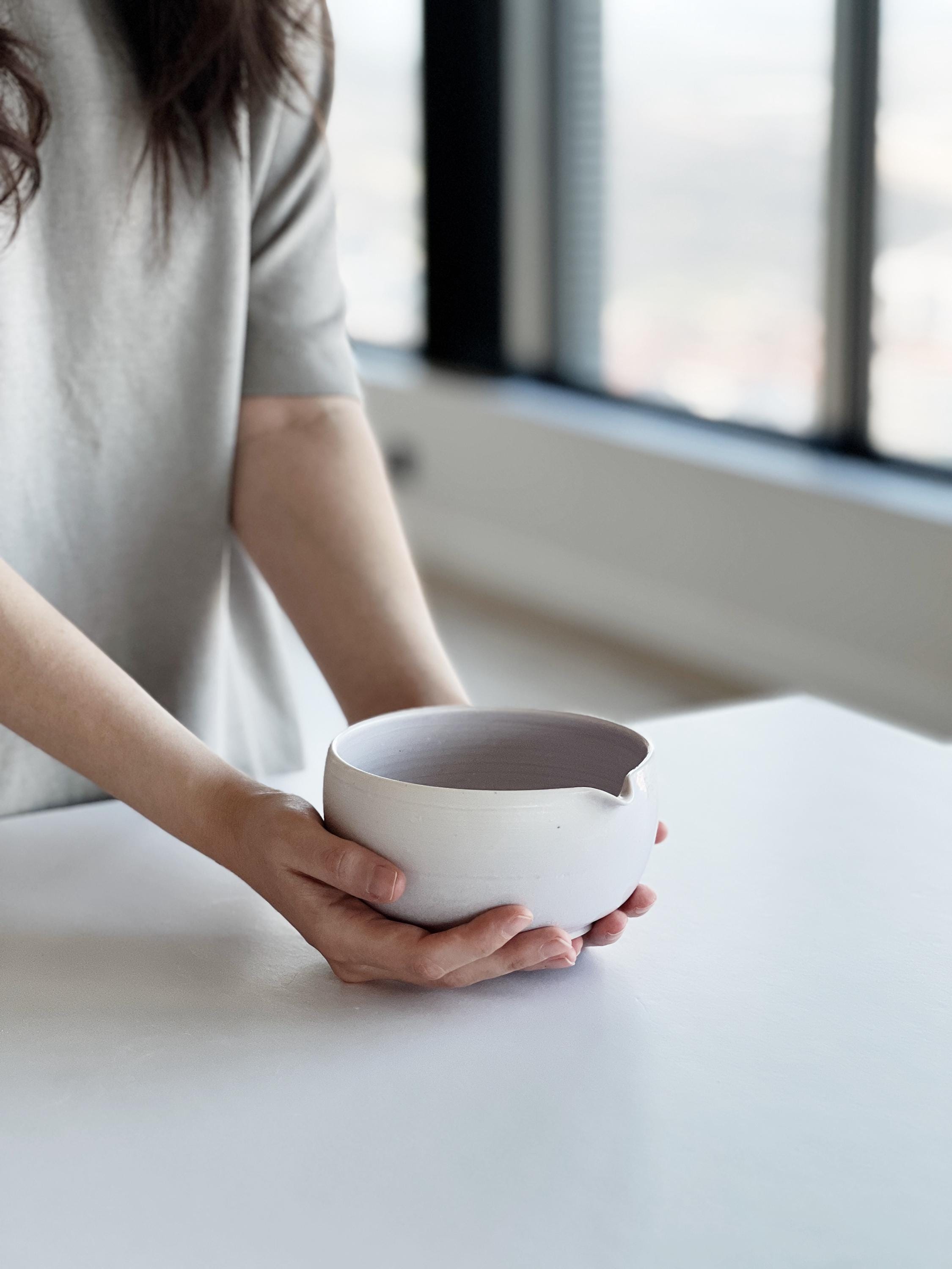 Handmade Light Lilac Ceramic Matcha Bowl Set: Bowl with Pouring Spout and Whisk Holder