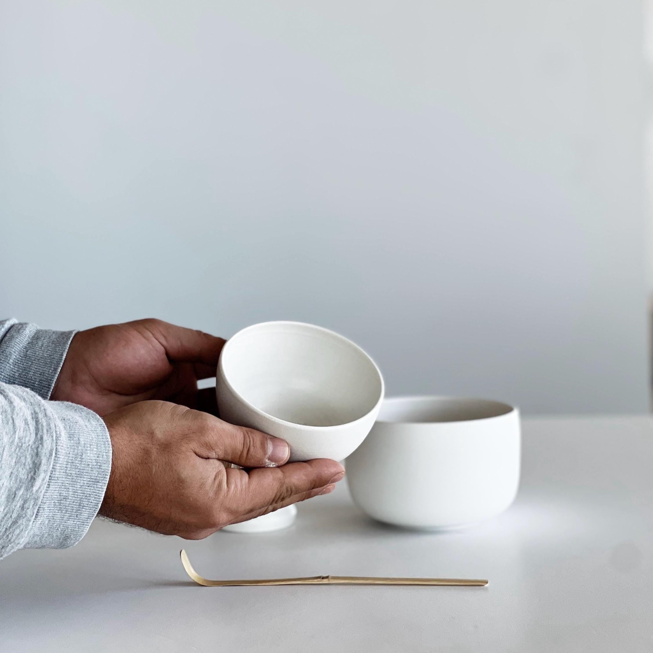 Handmade White Porcelain Matcha Bowl Set: Spout Bowl, Tea Cup, Whisk Holder