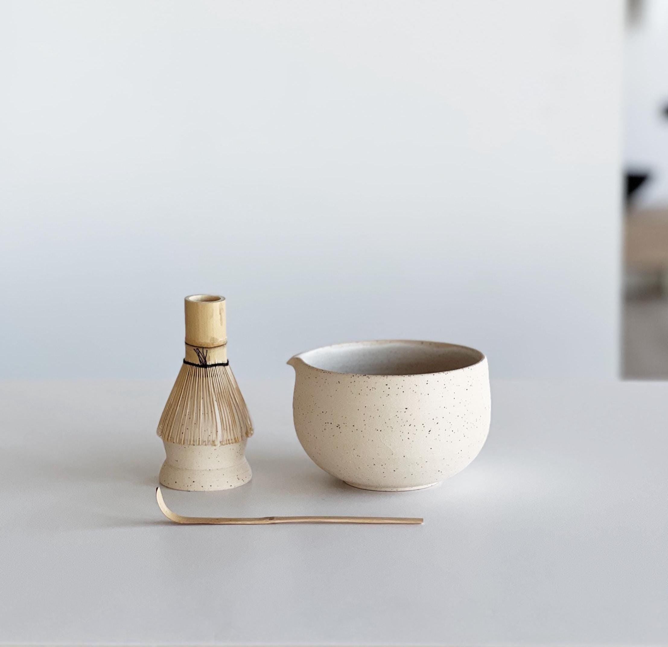 Handmade Speckled Ceramic Matcha Bowl Set: Bowl with Pouring Spout, Whisk Holder, Tea Cup