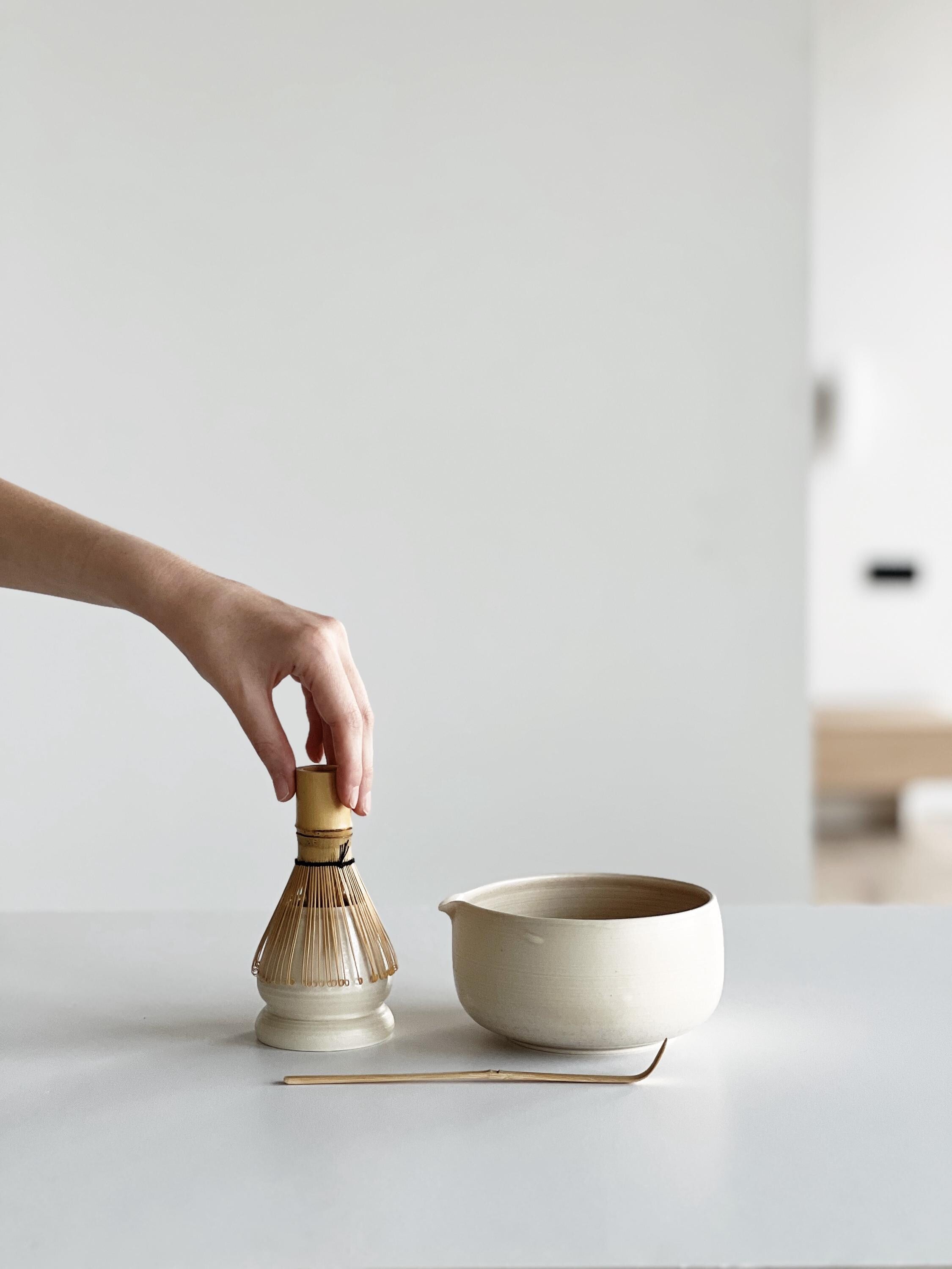 Handmade Ivory Ceramic Matcha Bowl Set: Bowl with Pouring Spout and Whisk Holder