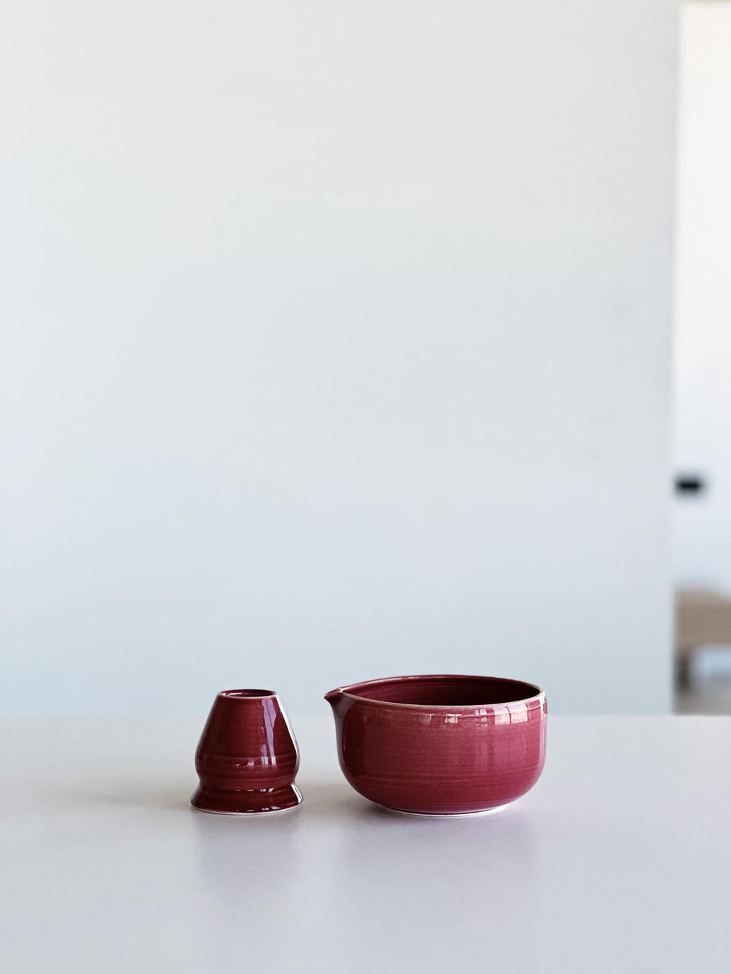 Handmade Cherry Ceramic Matcha Bowl Set: Bowl with Pouring Spout and Whisk Holder