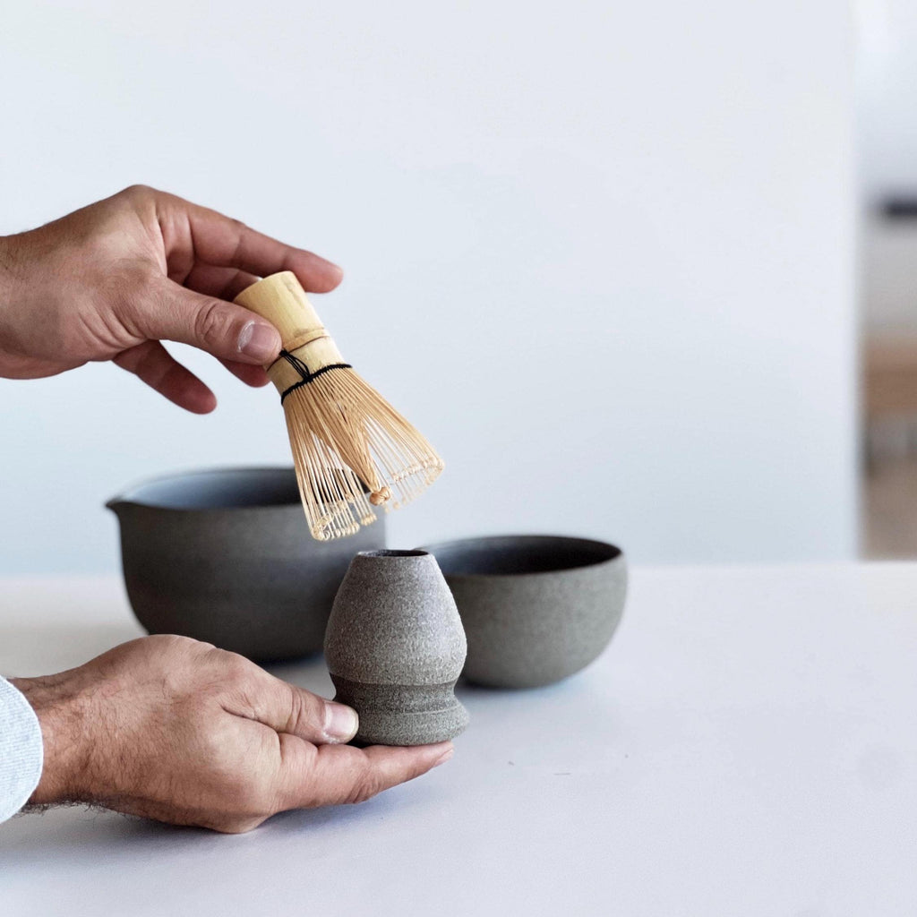 Handmade Rustic Ceramic Matcha Bowl Set: Bowl with Pouring Spout, Whisk Holder, Tea Cup