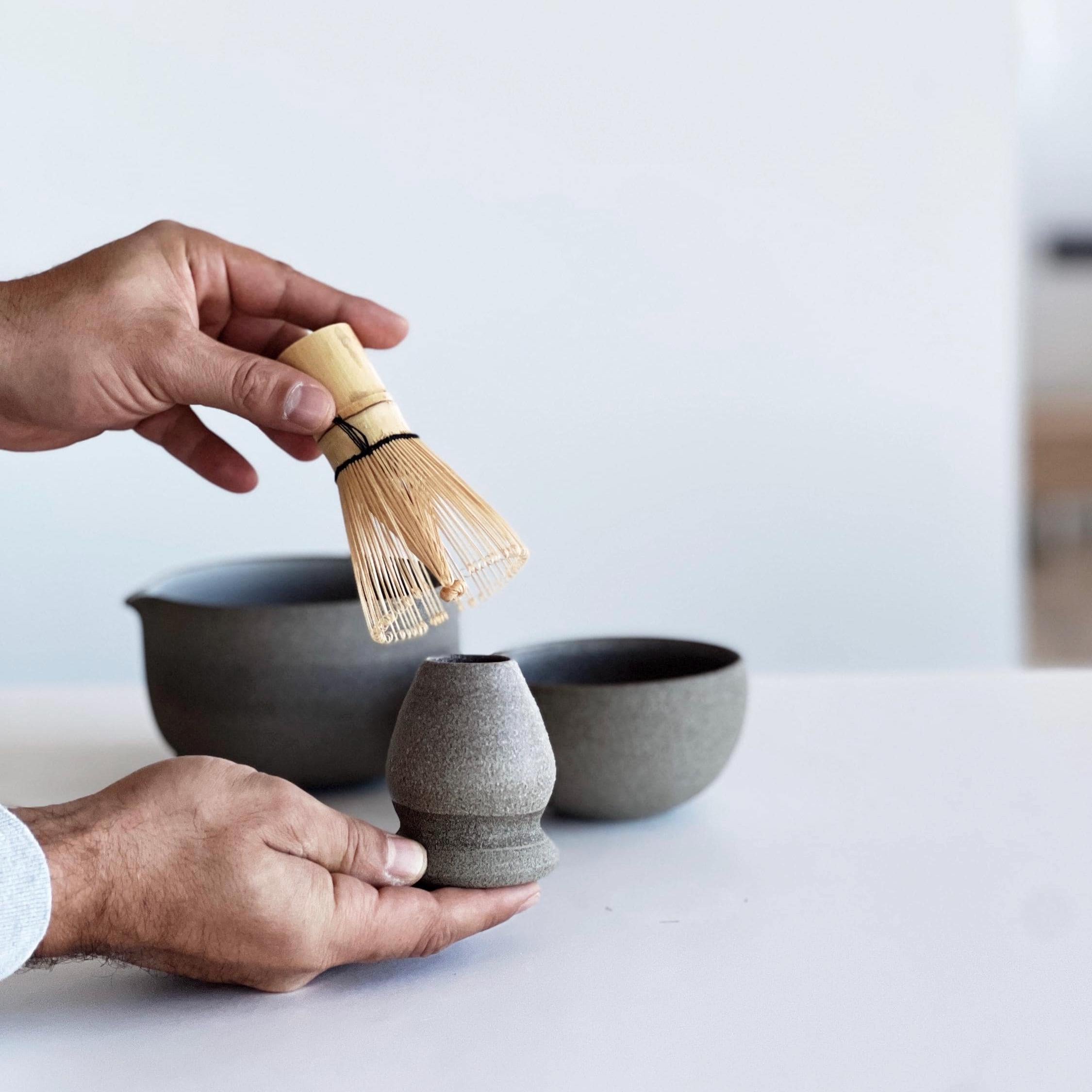 Handmade Rustic Ceramic Matcha Bowl Set: Bowl with Pouring Spout, Whisk Holder, Tea Cup