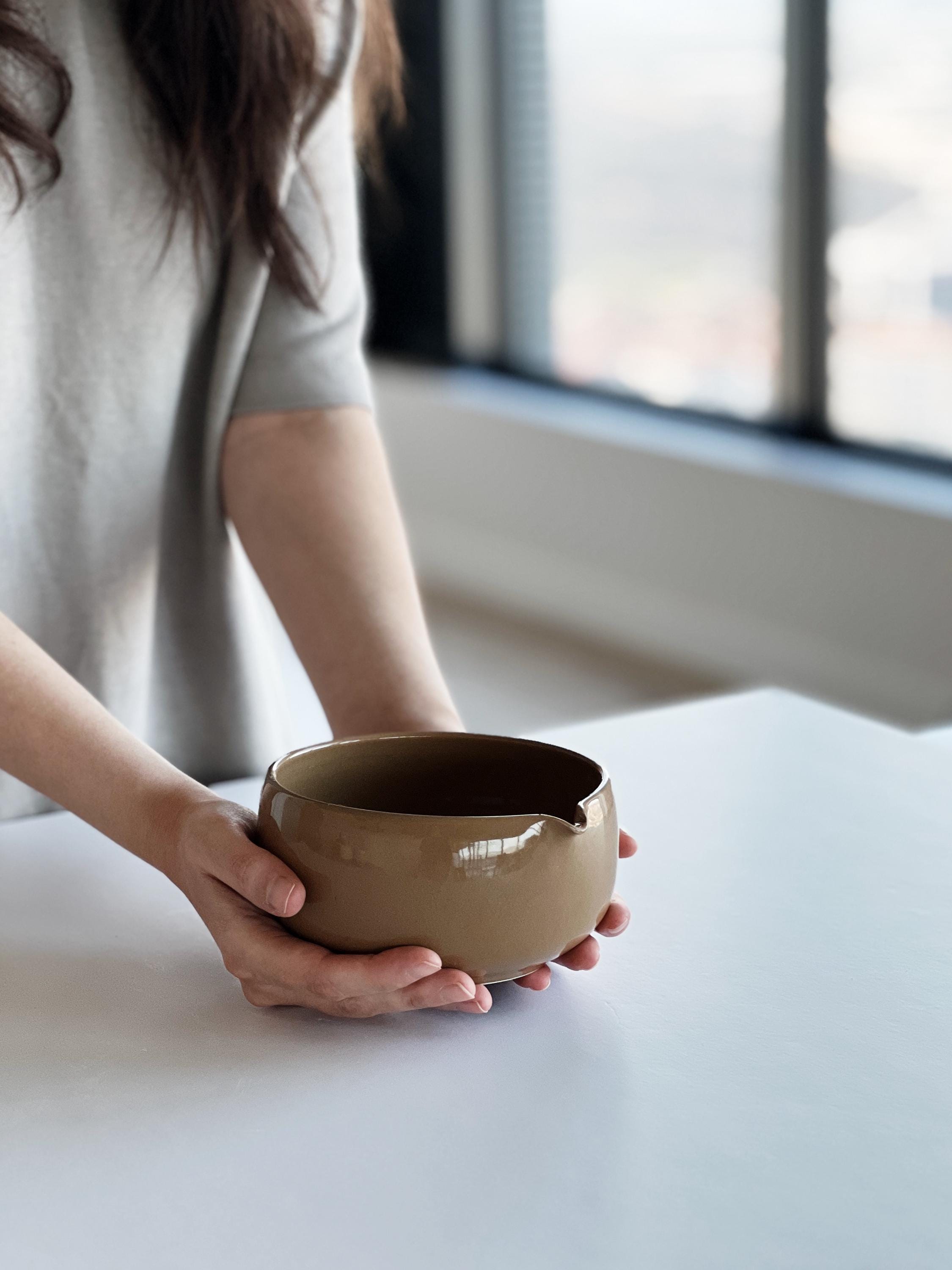 Handmade Glossy Brown Ceramic Matcha Bowl Set: Bowl with Pouring Spout and Whisk Holder
