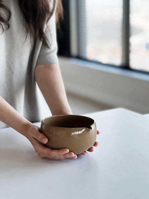 Handmade Glossy Brown Ceramic Matcha Bowl Set: Bowl with Pouring Spout and Whisk Holder