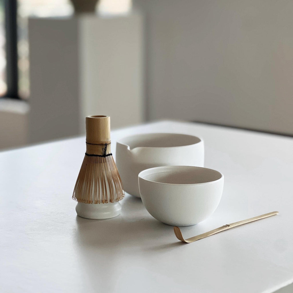 Handmade White Porcelain Matcha Bowl Set: Spout Bowl, Tea Cup, Whisk Holder