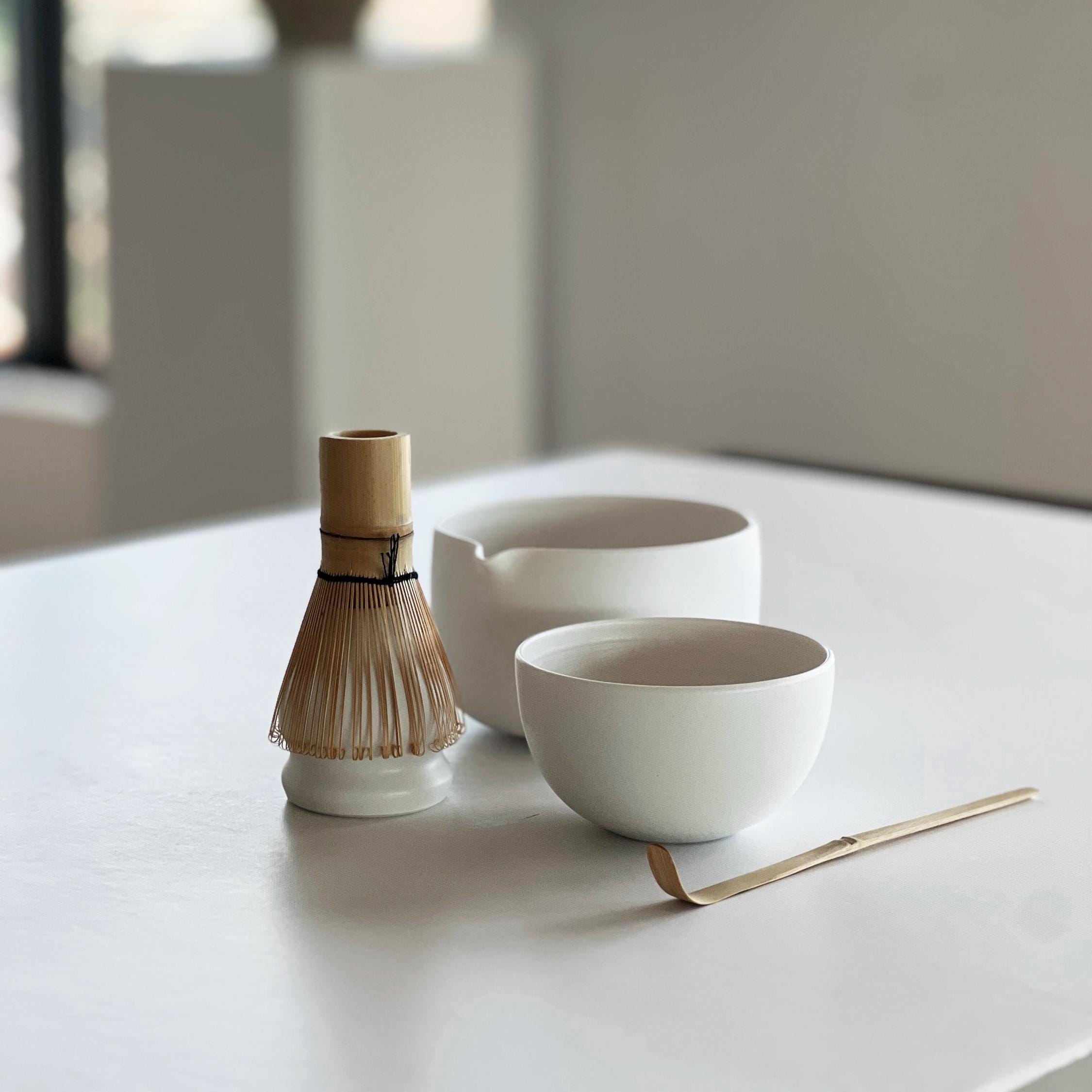 Handmade White Porcelain Matcha Bowl Set: Spout Bowl, Tea Cup, Whisk Holder