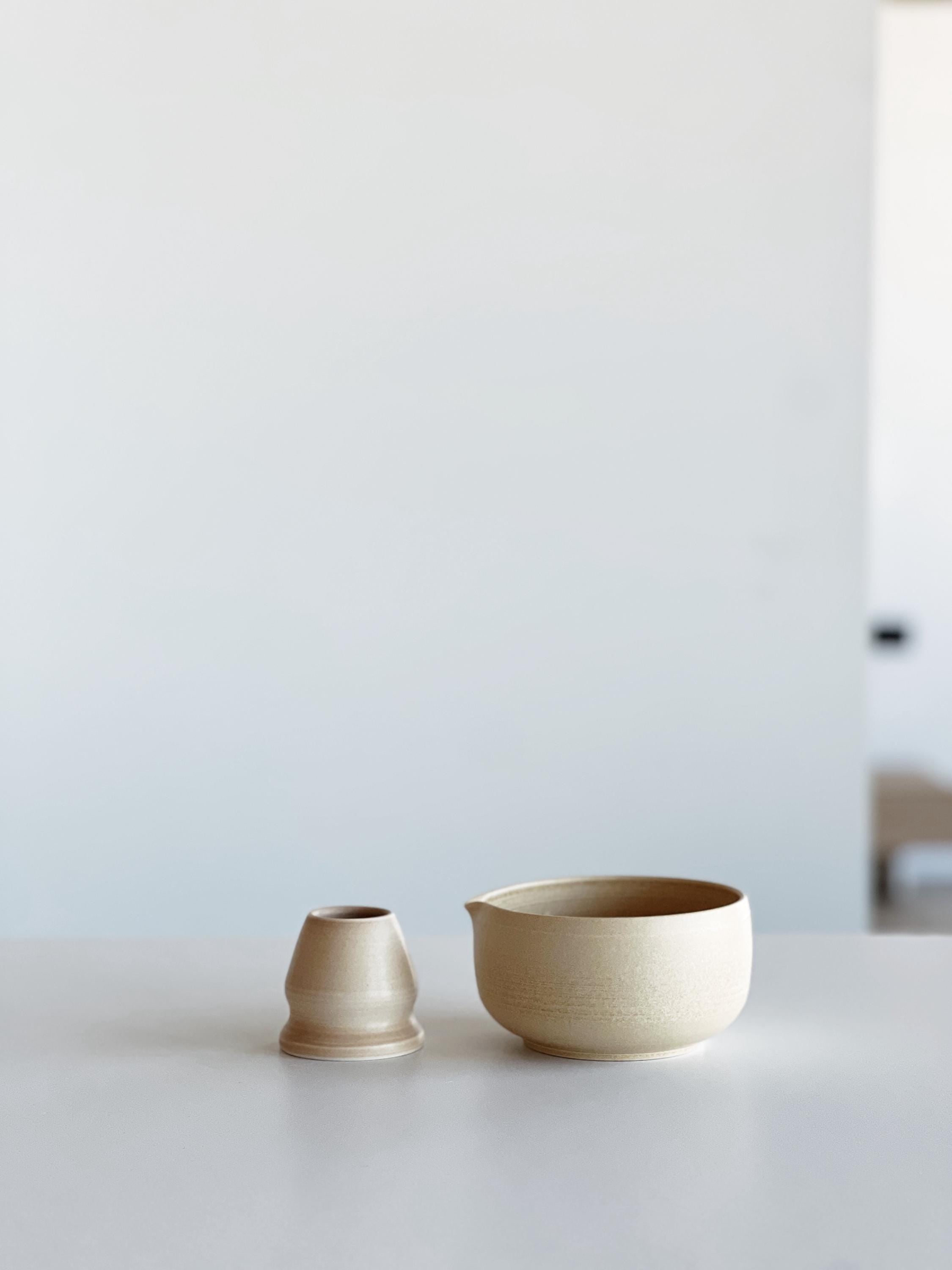 Handmade Beige Ceramic Matcha Bowl Set: Bowl with Pouring Spout and Whisk Holder