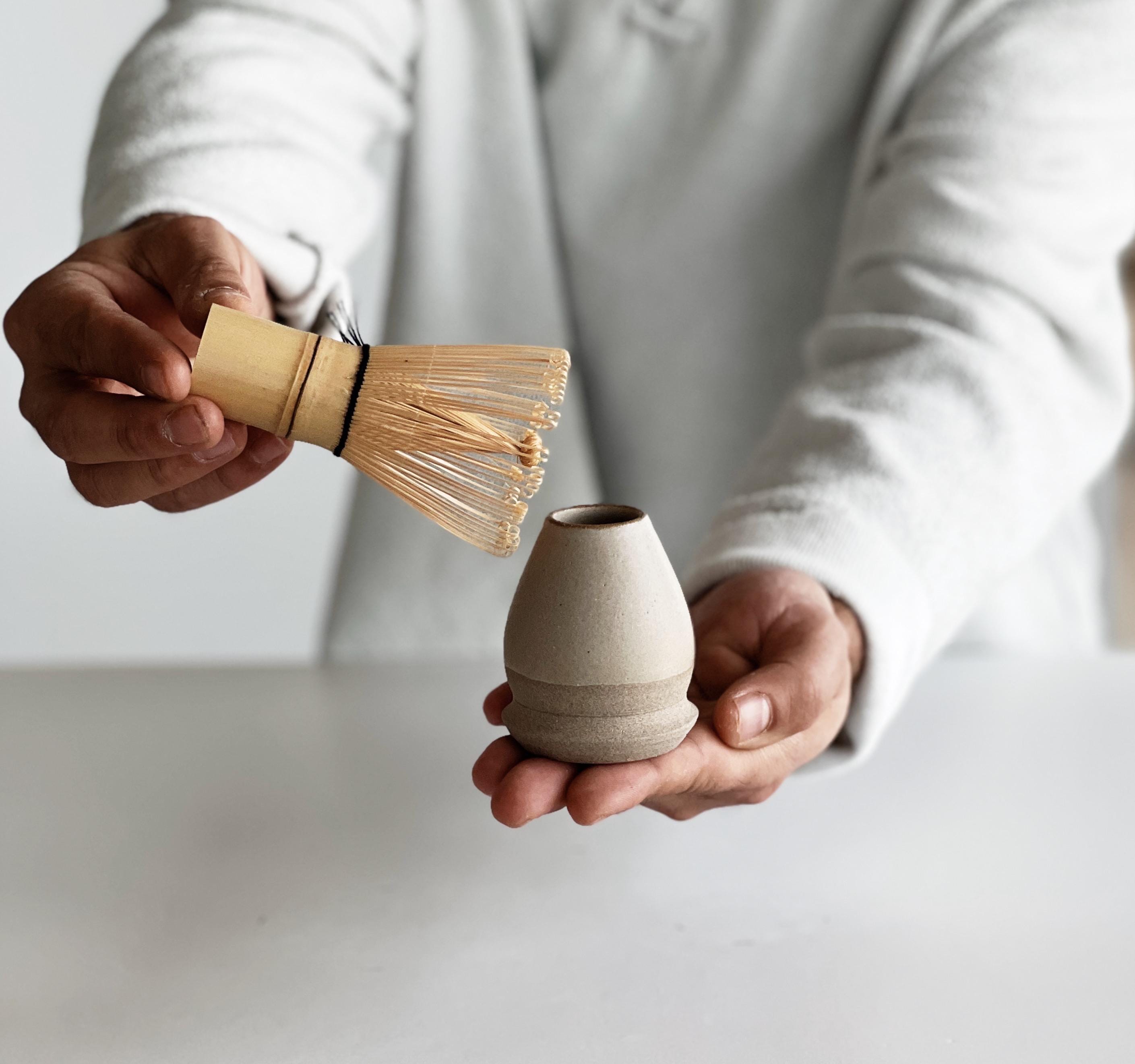 Handmade Toffee Ceramic Matcha Bowl Set: Bowl with Pouring Spout, Whisk Holder and Cup