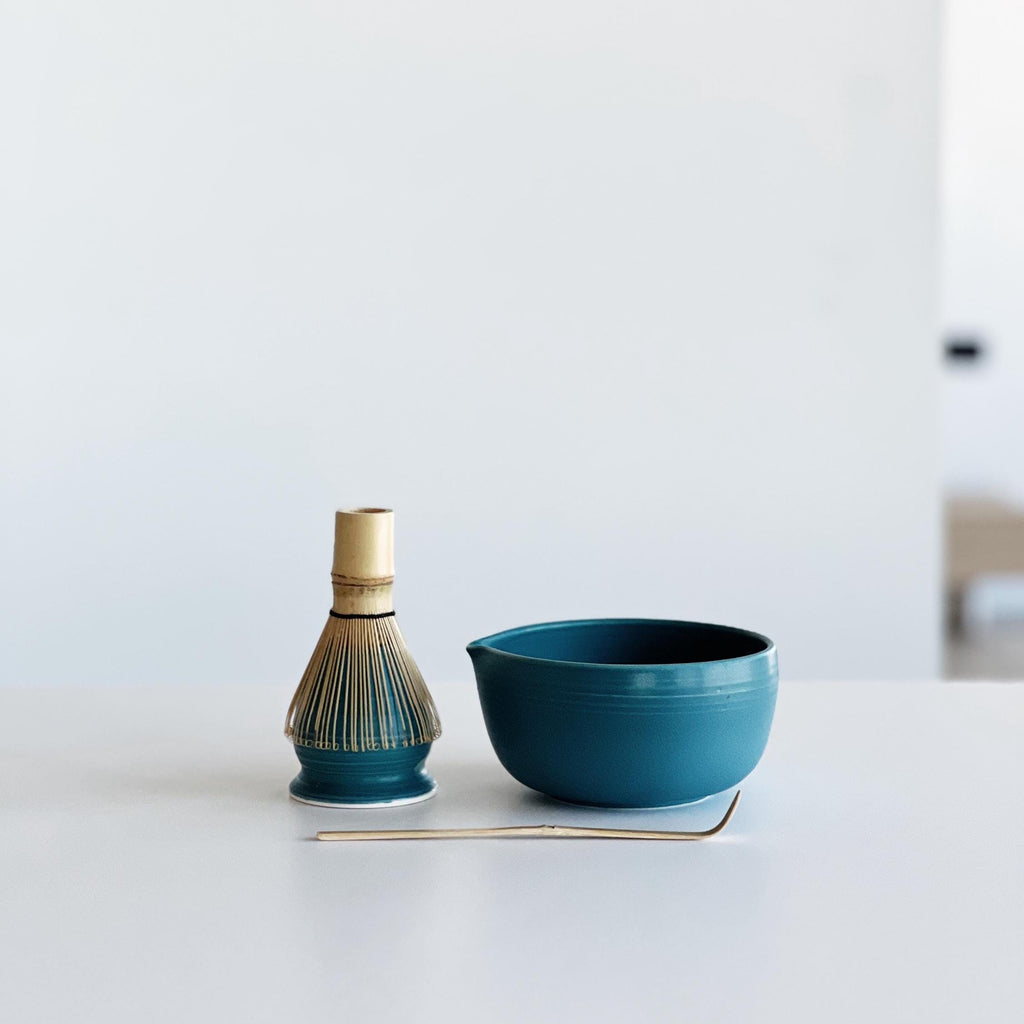 Handmade Indigo Blue Ceramic Matcha Bowl Set: Bowl with Pouring Spout and Whisk Holder