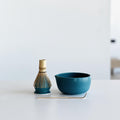Handmade Indigo Blue Ceramic Matcha Bowl Set: Bowl with Pouring Spout and Whisk Holder