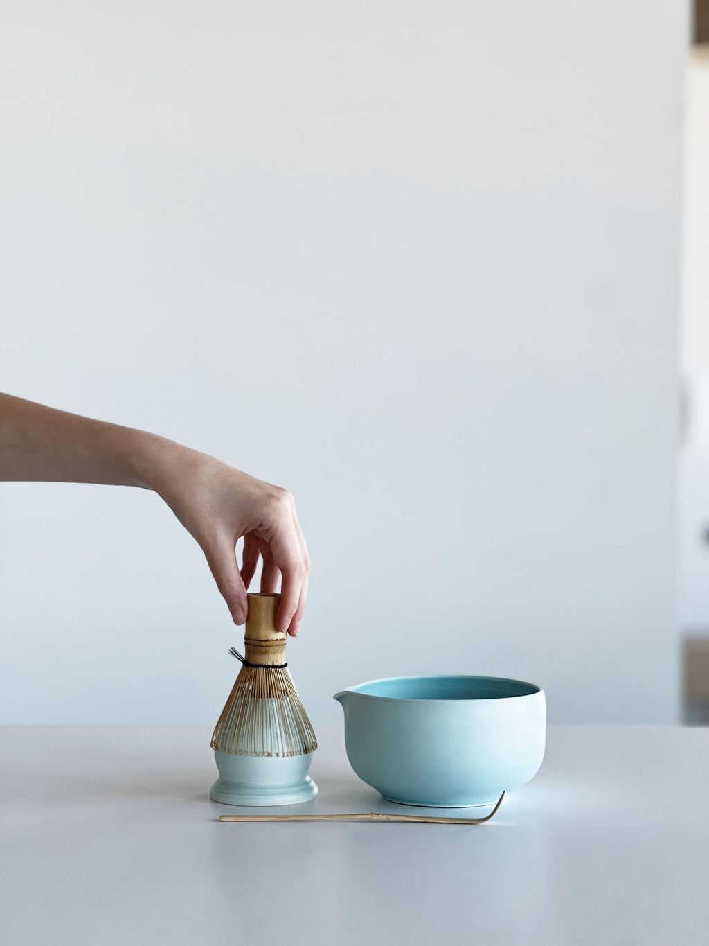 Handmade Baby Blue Ceramic Matcha Bowl Set: Bowl with Pouring Spout and Whisk Holder